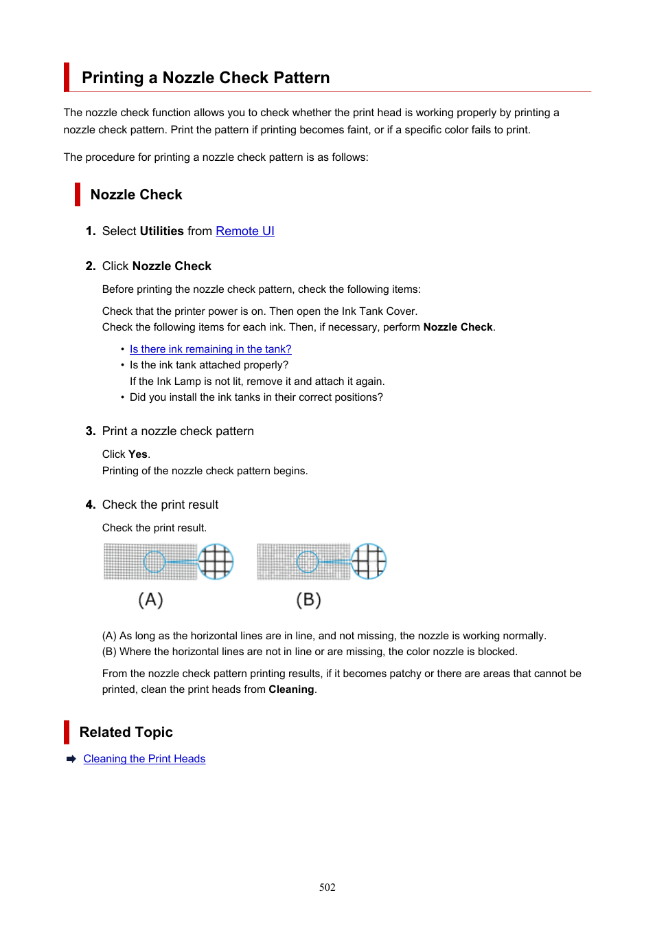 Printing a nozzle check pattern, Nozzle check, Related topic | Canon imagePROGRAF TX-3100 36" Printer with Basket User Manual | Page 502 / 1073