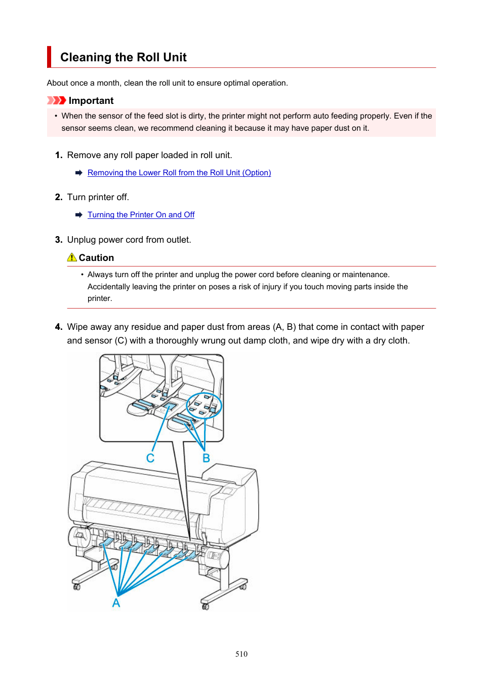 Cleaning the roll unit | Canon imagePROGRAF TX-3100 36" Printer with Basket User Manual | Page 510 / 1073