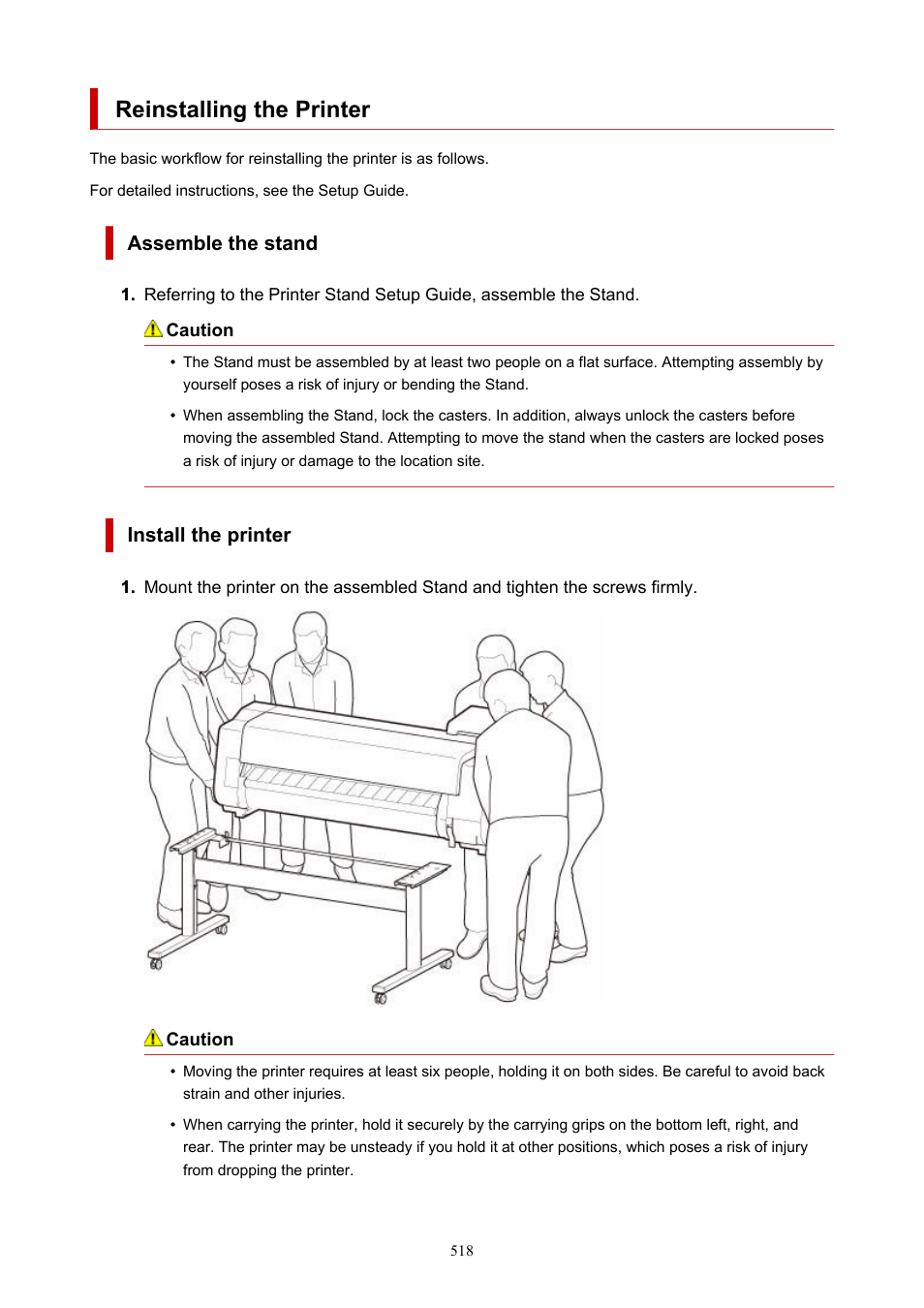 Reinstalling the printer, Assemble the stand, Install the printer | Canon imagePROGRAF TX-3100 36" Printer with Basket User Manual | Page 518 / 1073