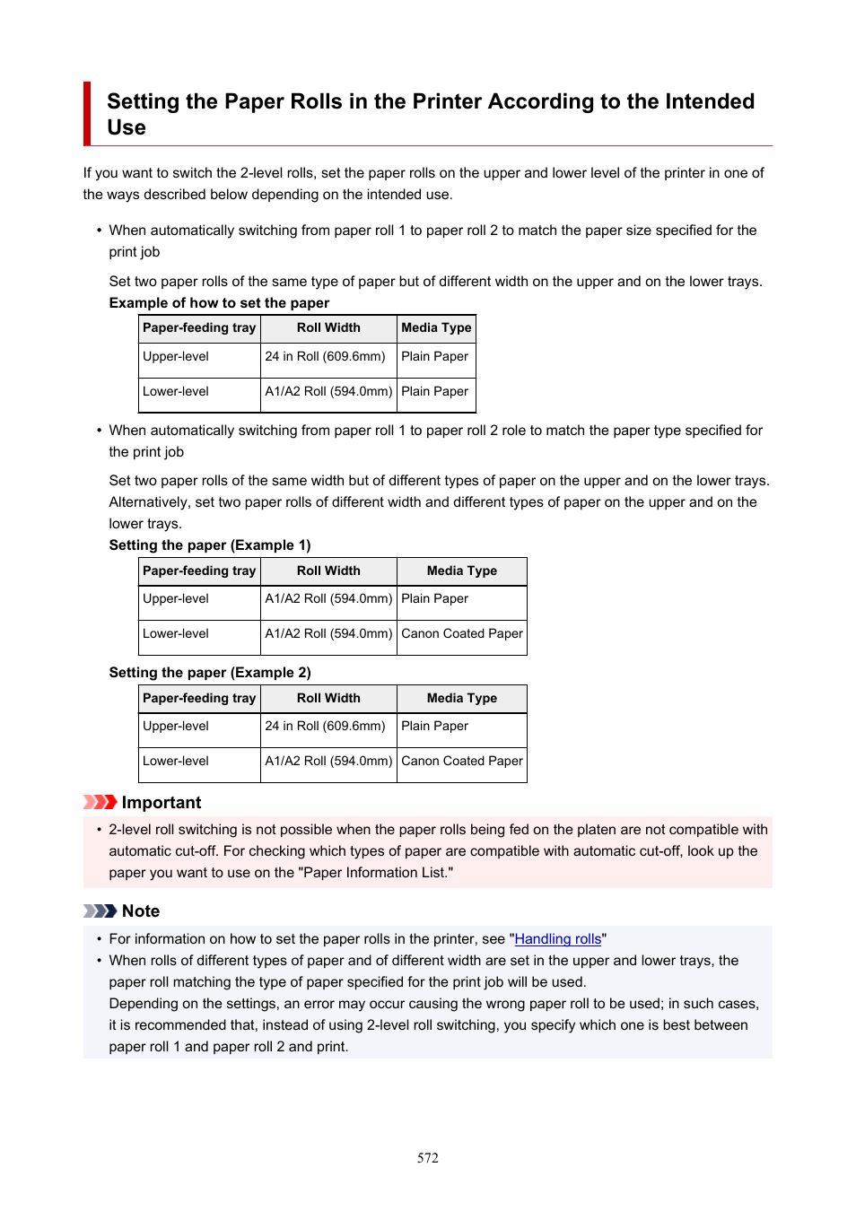 For instructions on setting the paper, see, Intended use, Important | Canon imagePROGRAF TX-3100 36" Printer with Basket User Manual | Page 572 / 1073