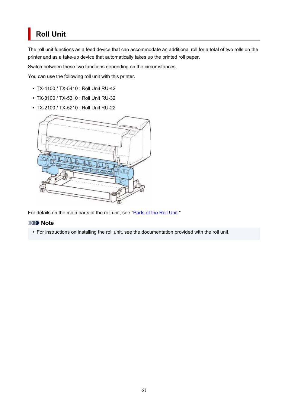 Roll unit | Canon imagePROGRAF TX-3100 36" Printer with Basket User Manual | Page 61 / 1073