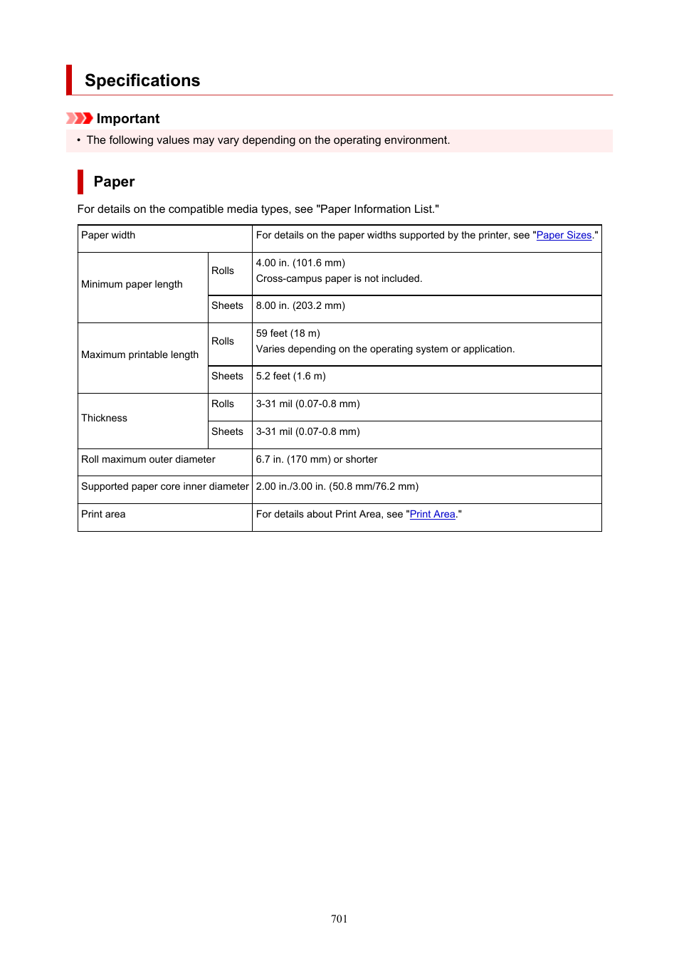 Specifications, Paper, Important | Canon imagePROGRAF TX-3100 36" Printer with Basket User Manual | Page 701 / 1073