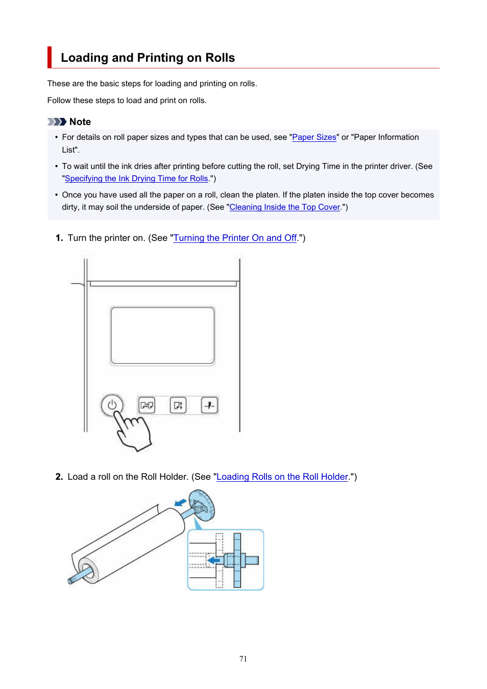 Loading and printing on rolls | Canon imagePROGRAF TX-3100 36" Printer with Basket User Manual | Page 71 / 1073
