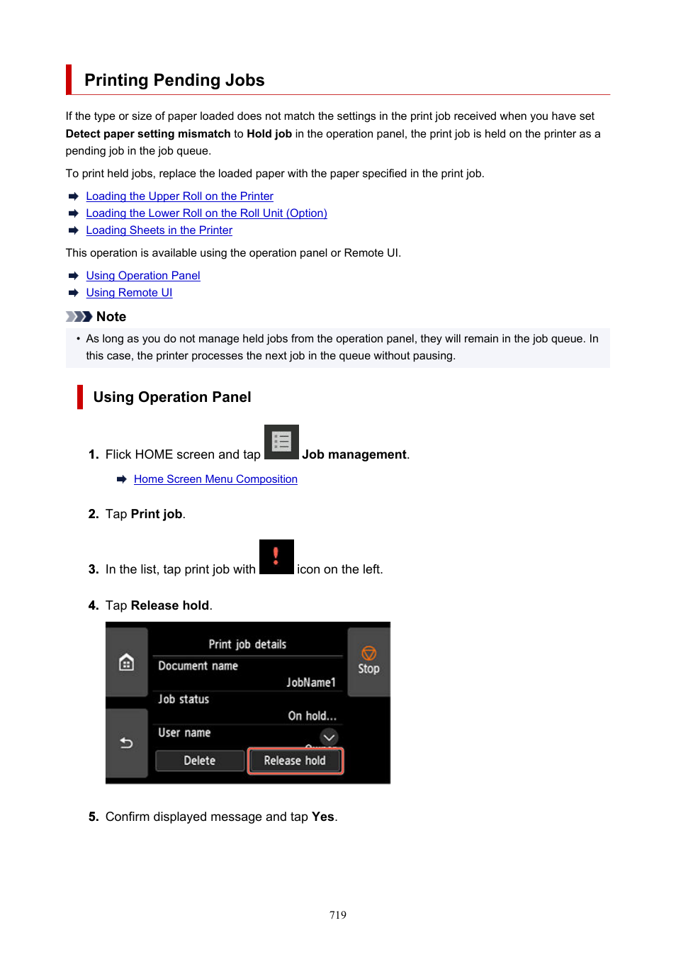 Printing pending jobs, Icon (pending print job), see | Canon imagePROGRAF TX-3100 36" Printer with Basket User Manual | Page 719 / 1073