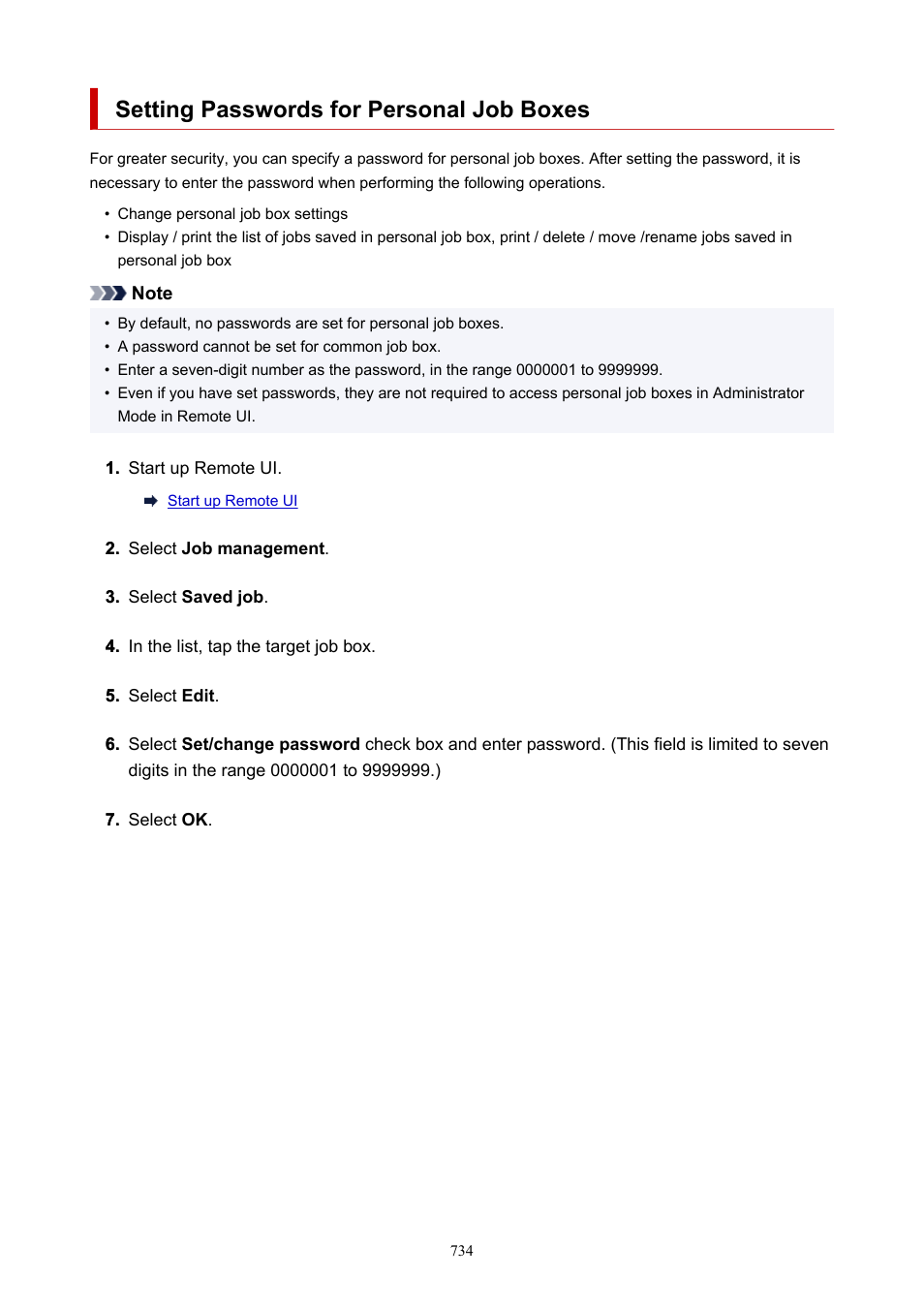 Setting passwords for personal job boxes | Canon imagePROGRAF TX-3100 36" Printer with Basket User Manual | Page 734 / 1073