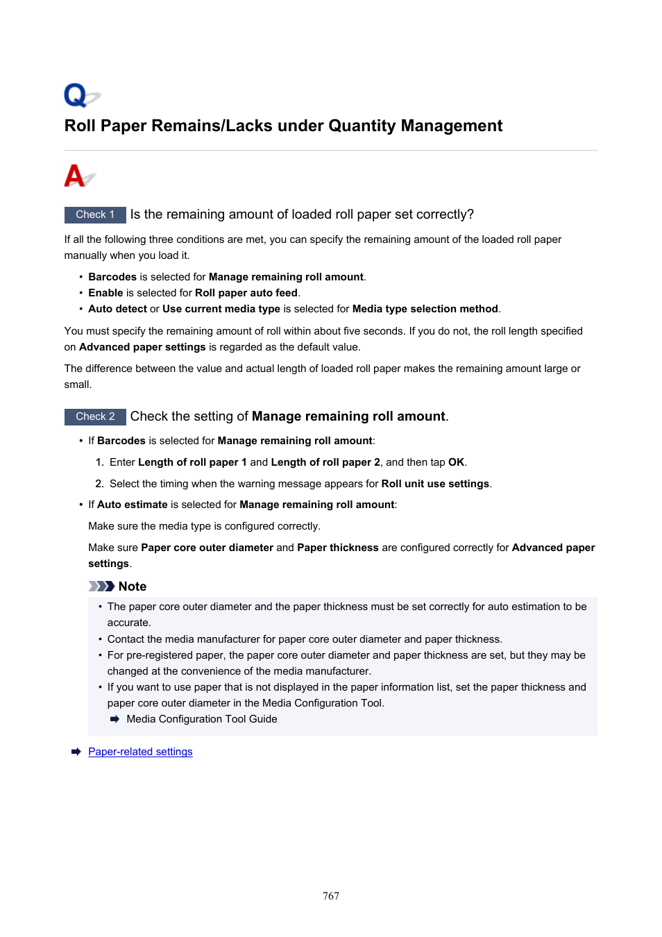 Roll paper remains/lacks under quantity management, Check the setting of manage remaining roll amount | Canon imagePROGRAF TX-3100 36" Printer with Basket User Manual | Page 767 / 1073