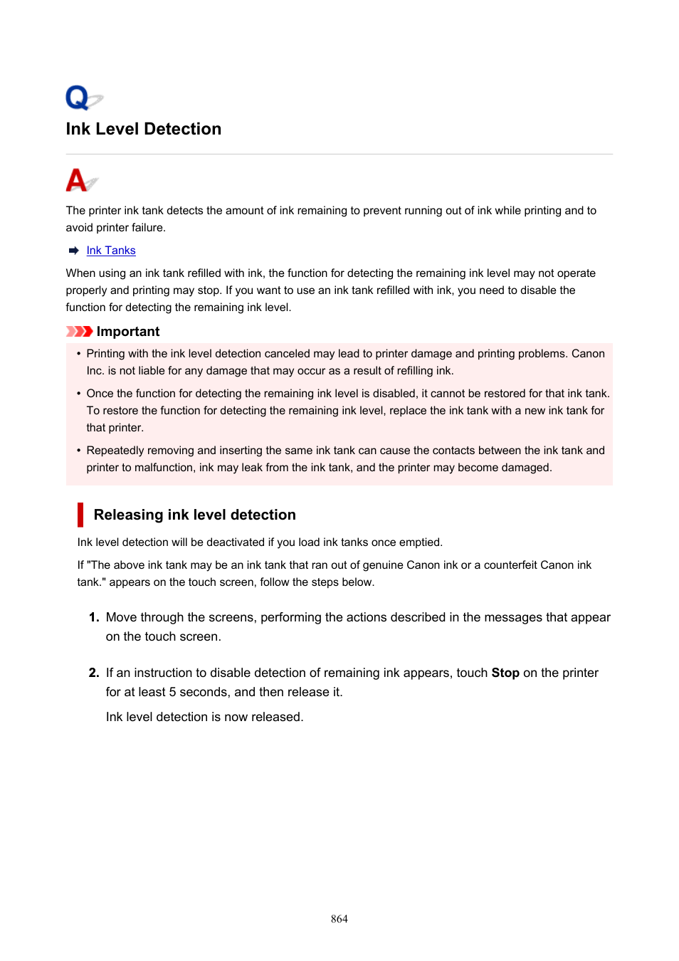 Ink level detection | Canon imagePROGRAF TX-3100 36" Printer with Basket User Manual | Page 864 / 1073