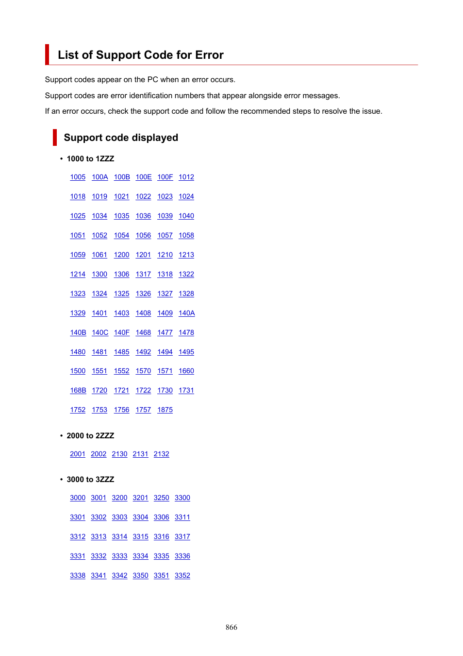 List of support code for error, Support code displayed | Canon imagePROGRAF TX-3100 36" Printer with Basket User Manual | Page 866 / 1073