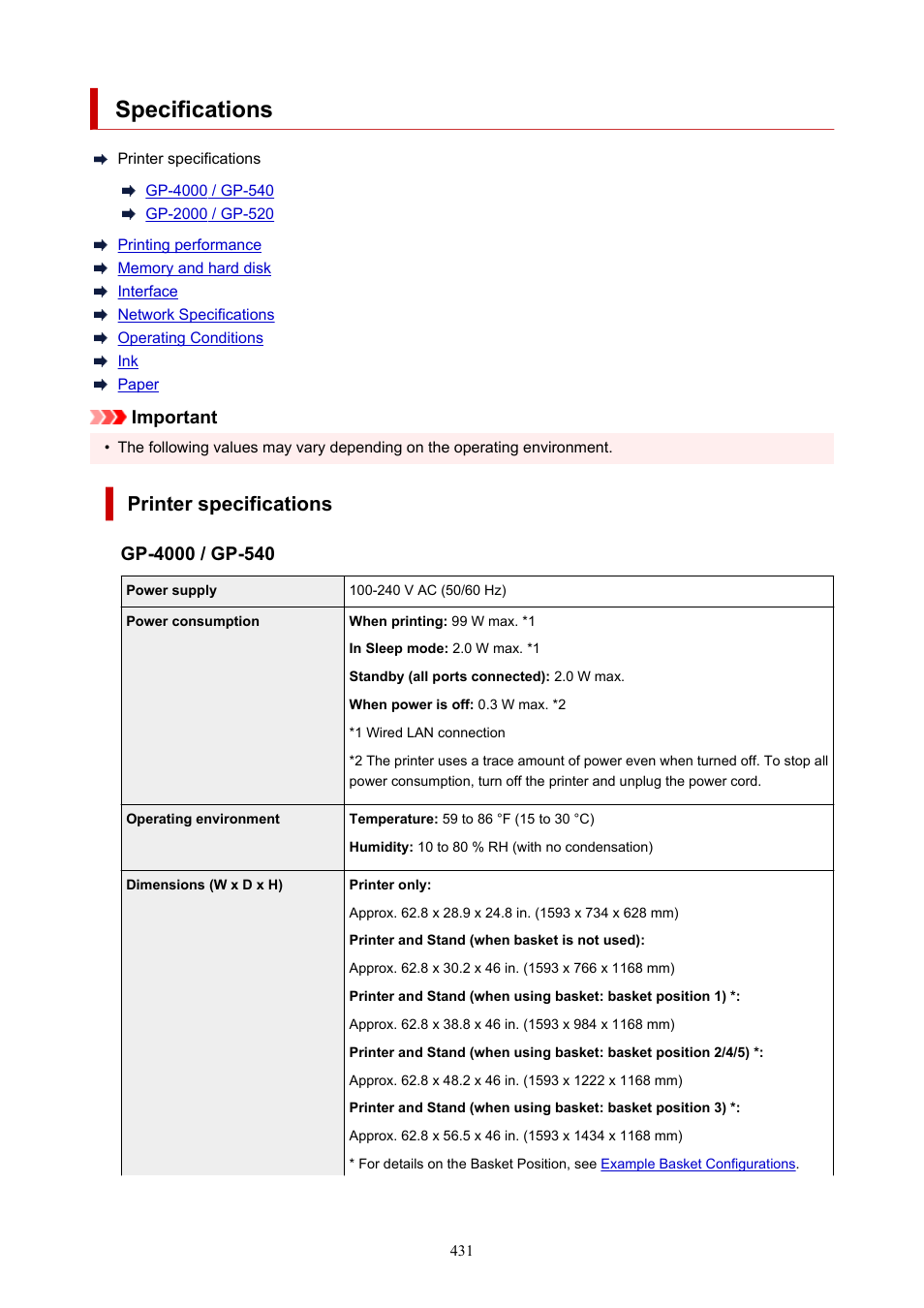 Specifications, Printer specifications, Important | Canon imagePROGRAF GP-4000 User Manual | Page 431 / 1015