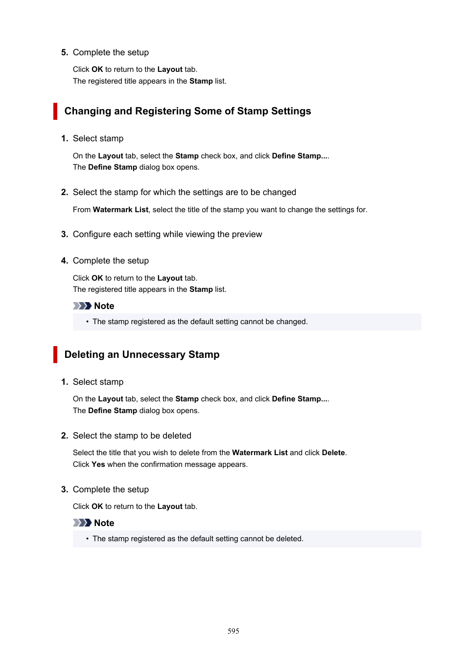 Changing and registering some of stamp settings, Deleting an unnecessary stamp | Canon imagePROGRAF TM-300 36" Large-Format Inkjet Printer with L36ei Scanner Kit User Manual | Page 595 / 947