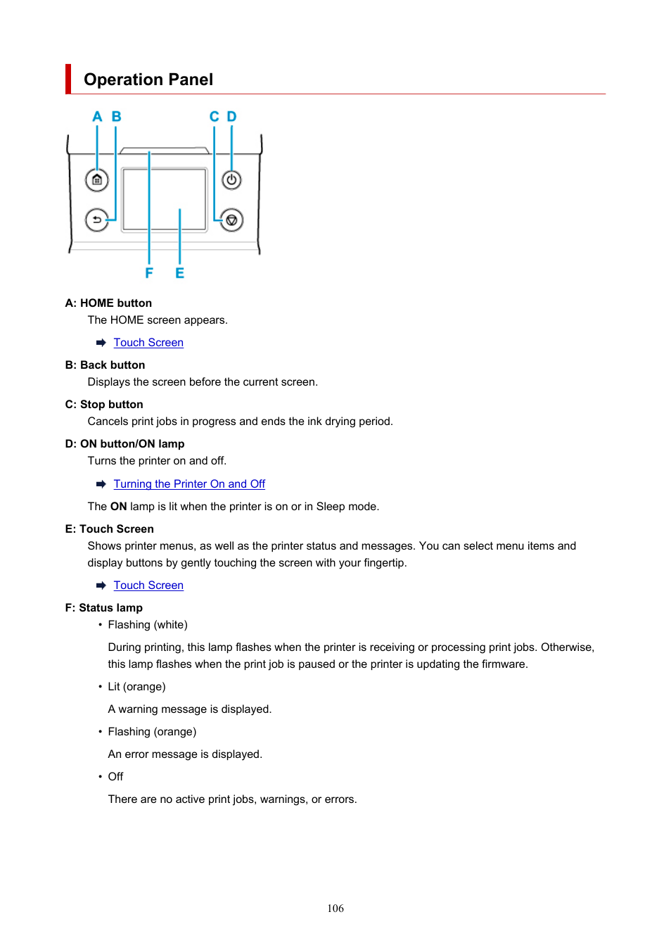 Operation panel | Canon imagePROGRAF TA-20 MFP 24" Large Format Printer with L24ei Scanner and Stand Kit User Manual | Page 106 / 926
