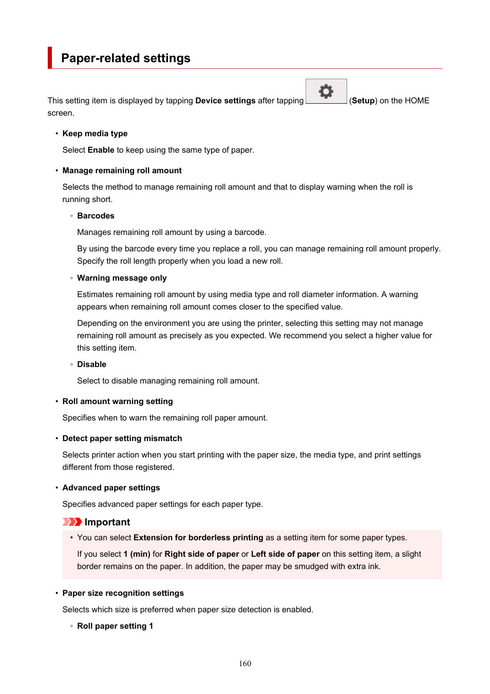 Paper-related settings | Canon imagePROGRAF TA-20 MFP 24" Large Format Printer with L24ei Scanner and Stand Kit User Manual | Page 160 / 926