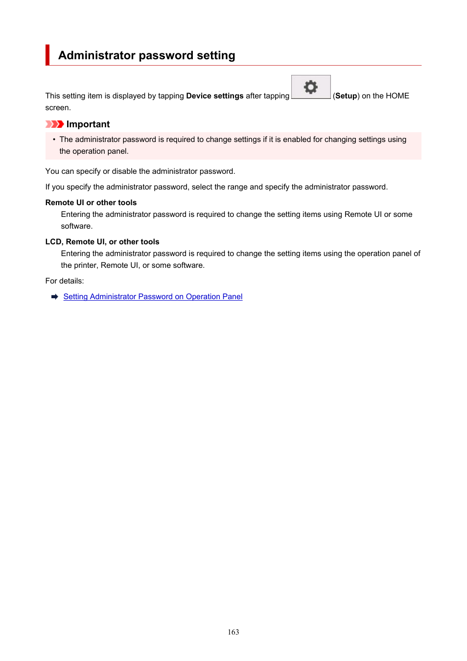 Administrator password setting | Canon imagePROGRAF TA-20 MFP 24" Large Format Printer with L24ei Scanner and Stand Kit User Manual | Page 163 / 926