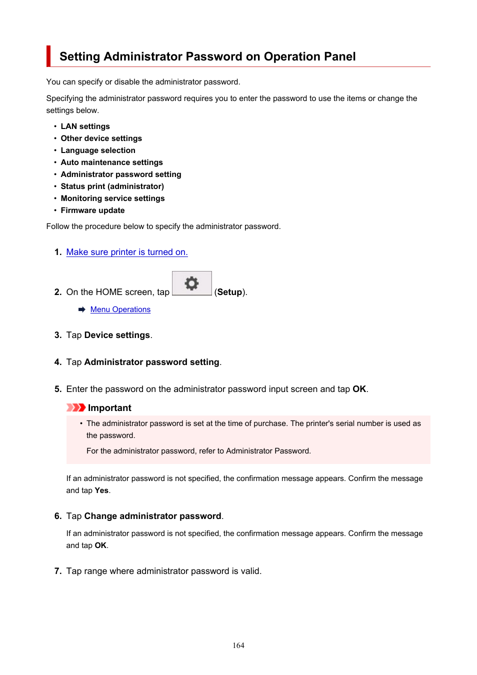 Setting administrator password on operation panel | Canon imagePROGRAF TA-20 MFP 24" Large Format Printer with L24ei Scanner and Stand Kit User Manual | Page 164 / 926