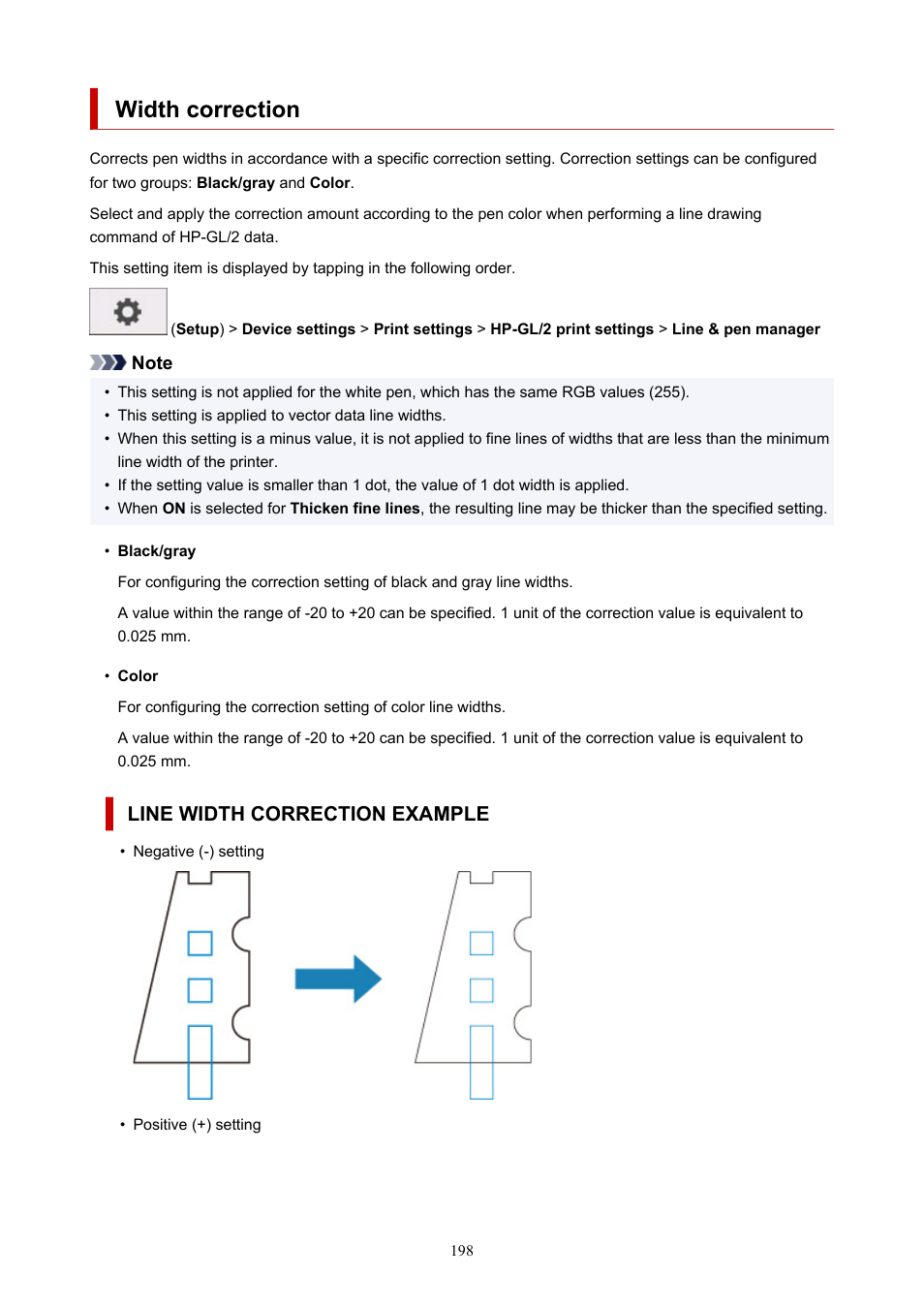 Width correction, Line width correction example | Canon imagePROGRAF TA-20 MFP 24" Large Format Printer with L24ei Scanner and Stand Kit User Manual | Page 198 / 926
