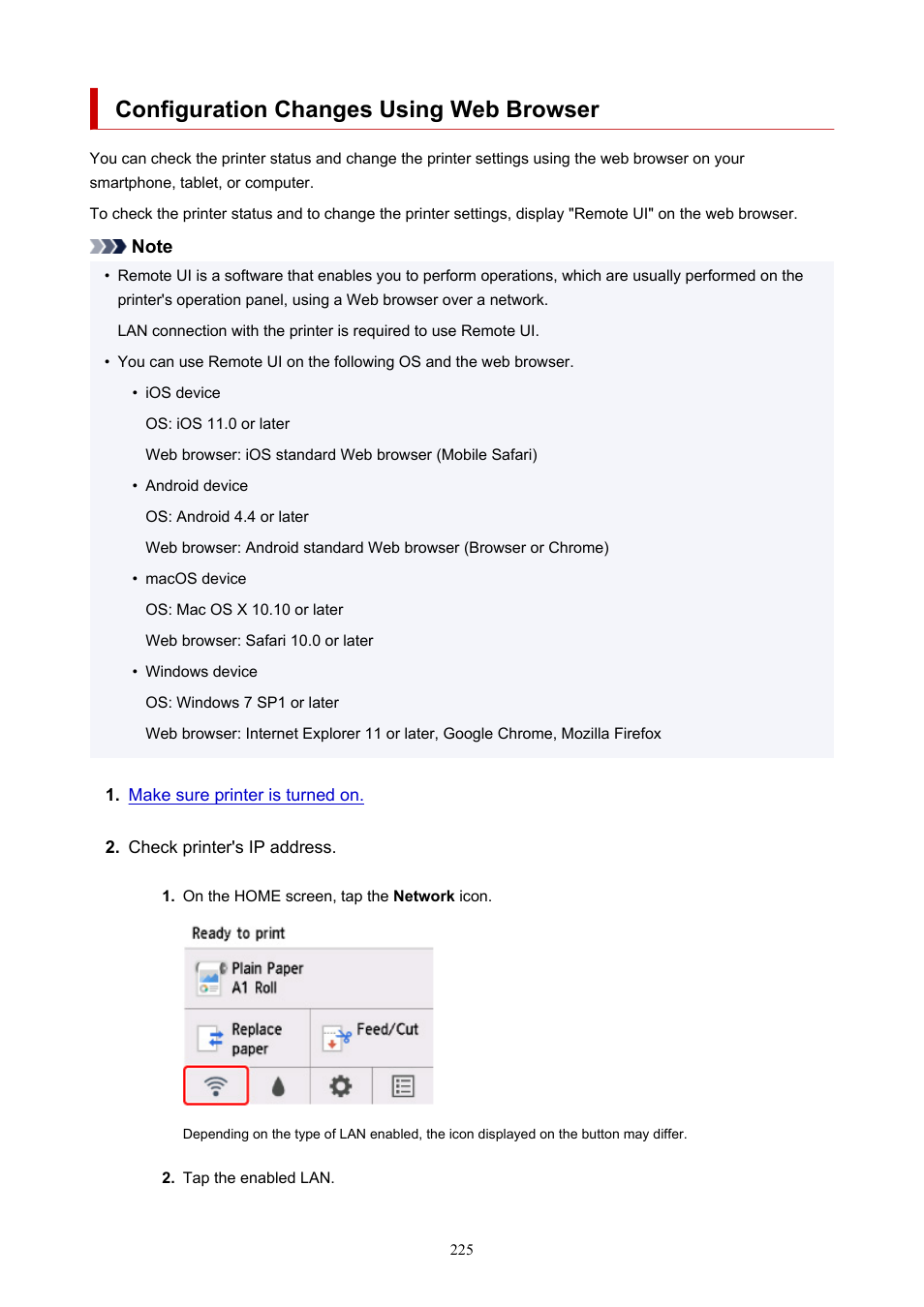 Configuration changes using web browser | Canon imagePROGRAF TA-20 MFP 24" Large Format Printer with L24ei Scanner and Stand Kit User Manual | Page 225 / 926