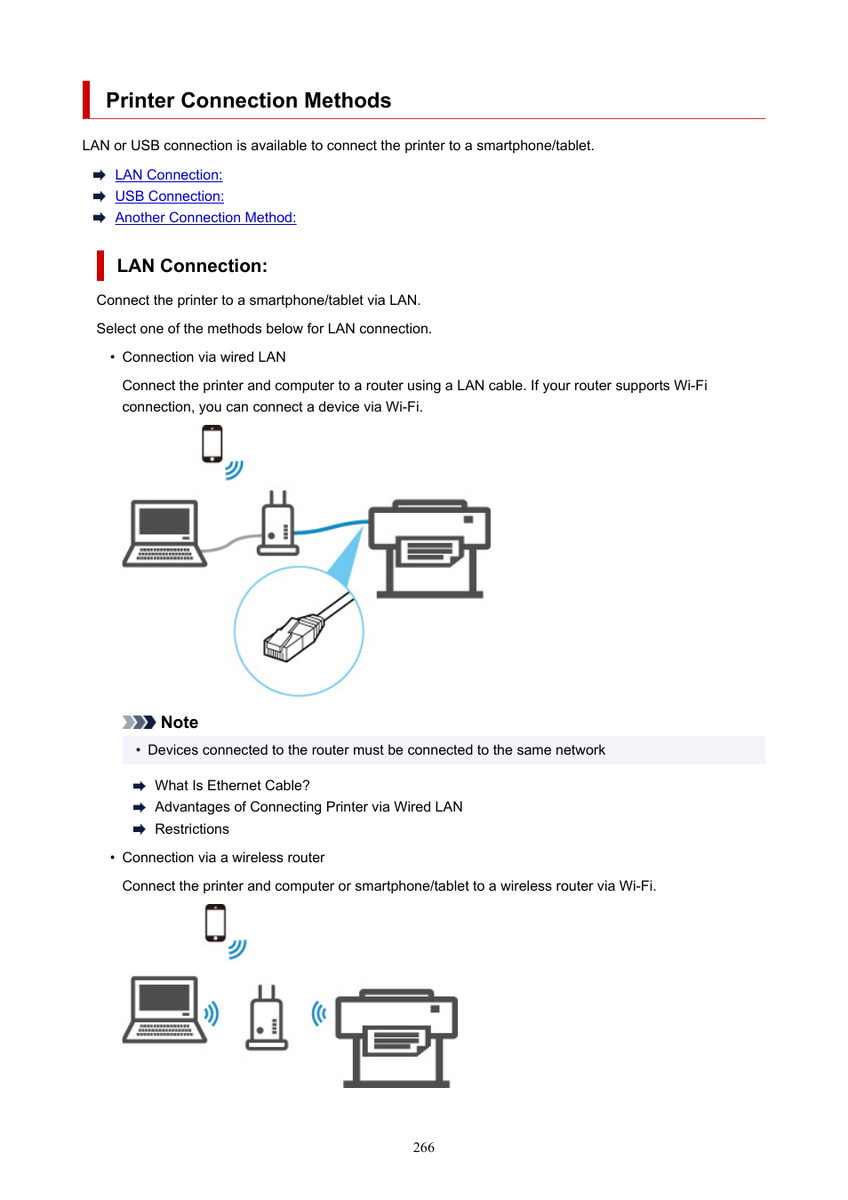 Printer connection methods | Canon imagePROGRAF TA-20 MFP 24" Large Format Printer with L24ei Scanner and Stand Kit User Manual | Page 266 / 926