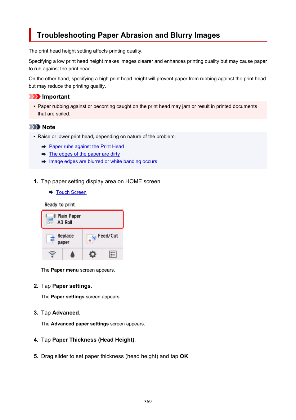 Troubleshooting paper abrasion and blurry images | Canon imagePROGRAF TA-20 MFP 24" Large Format Printer with L24ei Scanner and Stand Kit User Manual | Page 369 / 926