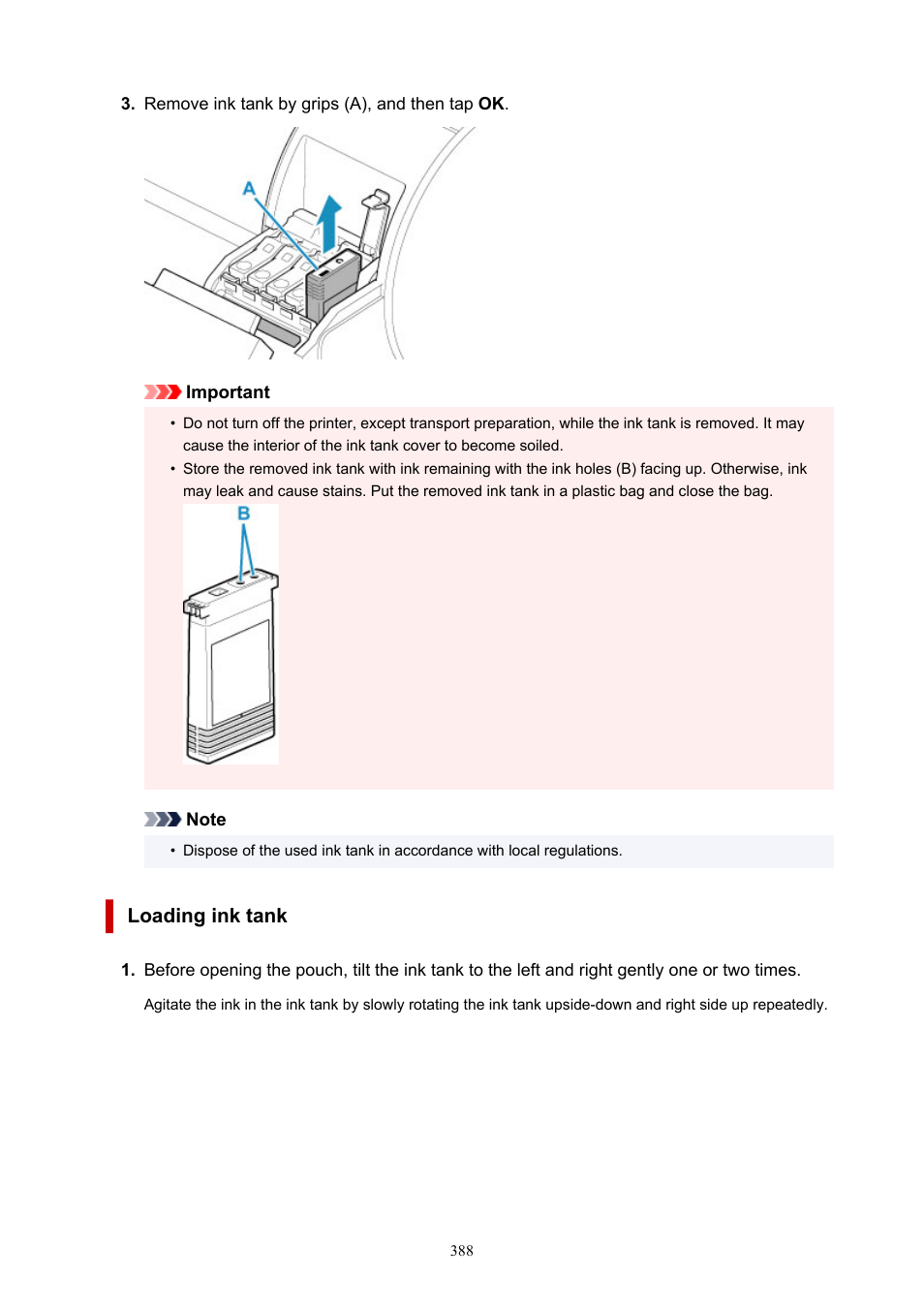 Loading ink tank | Canon imagePROGRAF TA-20 MFP 24" Large Format Printer with L24ei Scanner and Stand Kit User Manual | Page 388 / 926