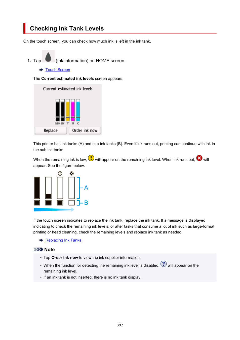 Checking ink tank levels | Canon imagePROGRAF TA-20 MFP 24" Large Format Printer with L24ei Scanner and Stand Kit User Manual | Page 392 / 926