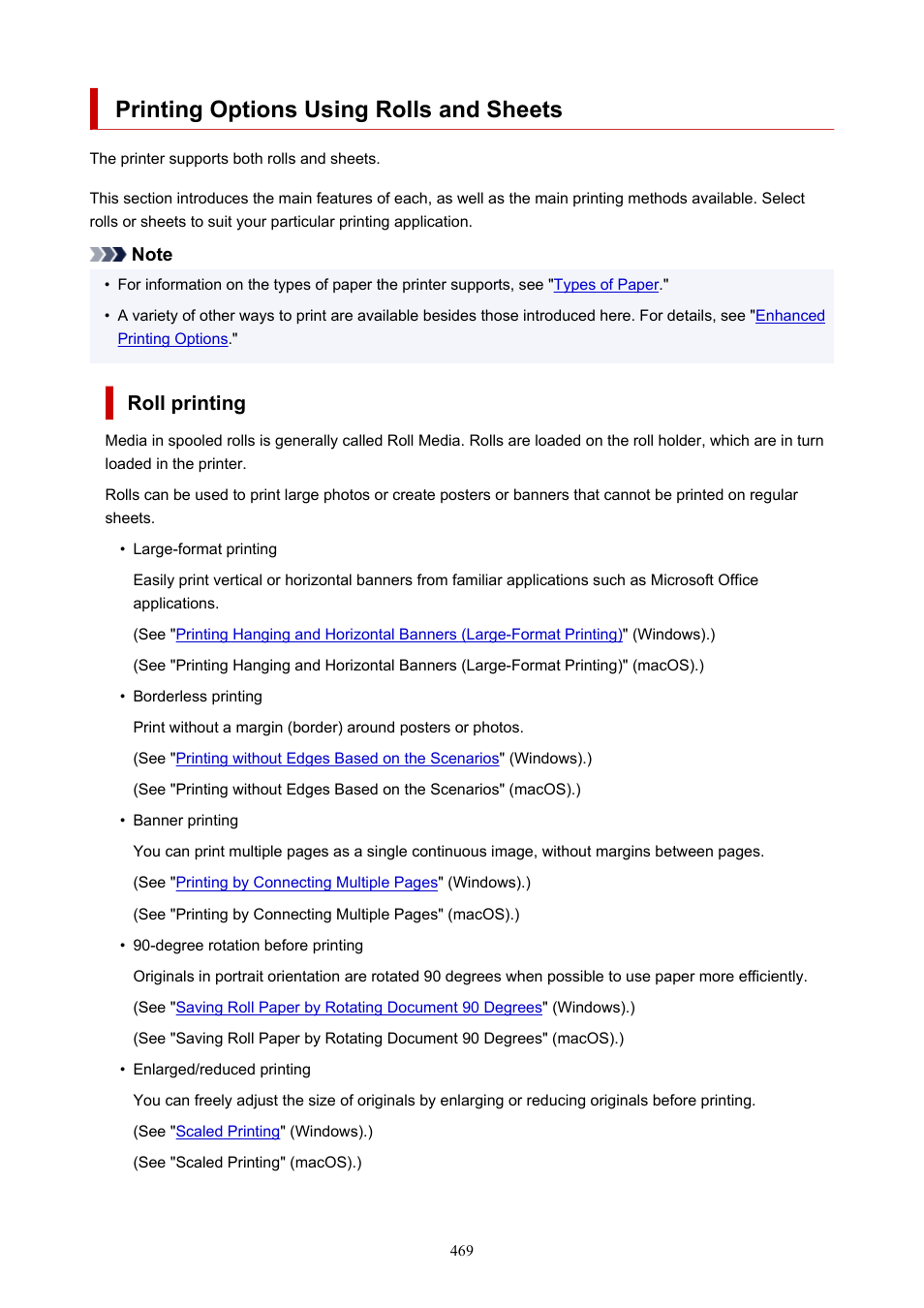 Printing options using rolls and sheets, Roll printing | Canon imagePROGRAF TA-20 MFP 24" Large Format Printer with L24ei Scanner and Stand Kit User Manual | Page 469 / 926