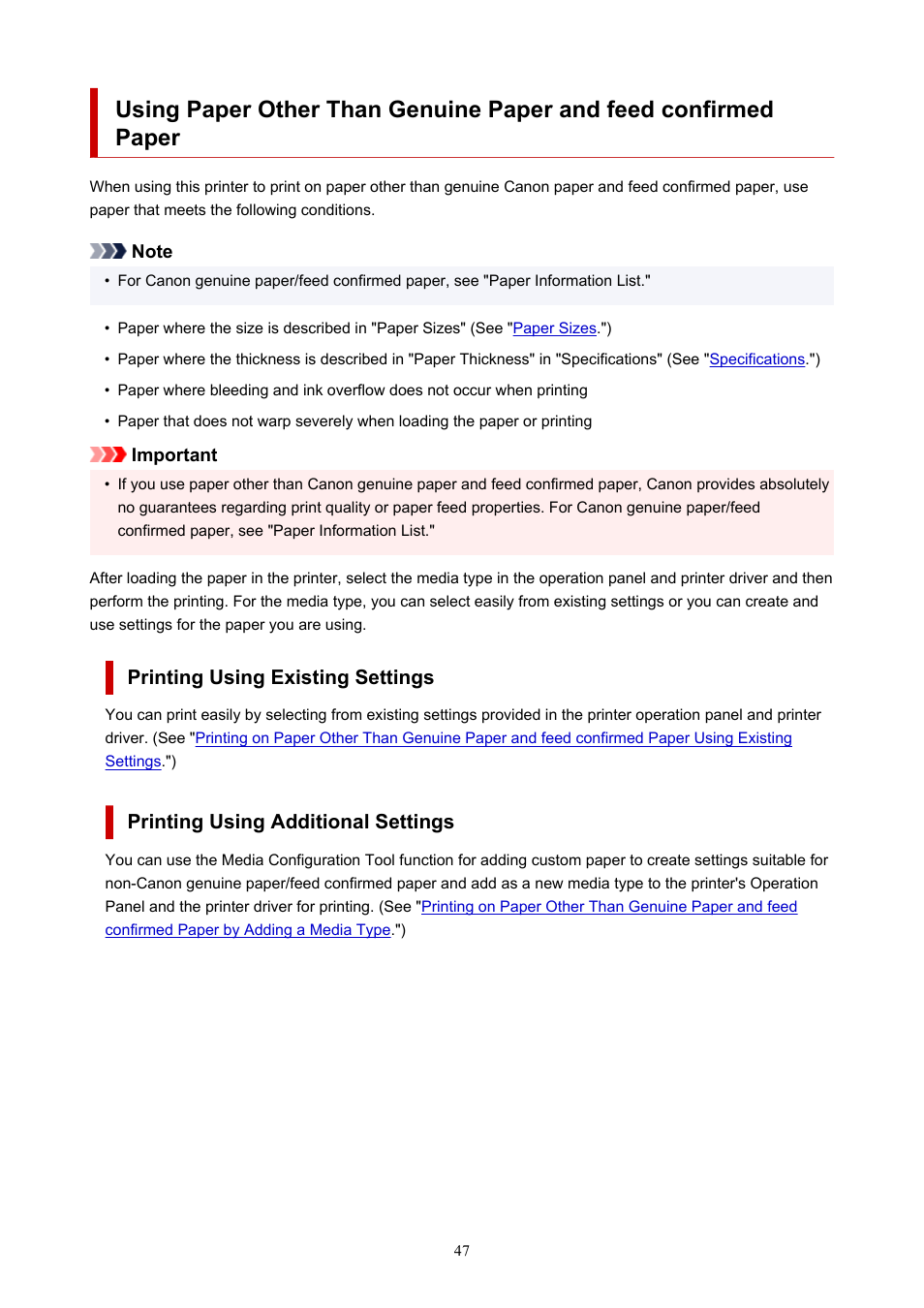 Using paper other than, Genuine paper and feed confirmed paper | Canon imagePROGRAF TA-20 MFP 24" Large Format Printer with L24ei Scanner and Stand Kit User Manual | Page 47 / 926