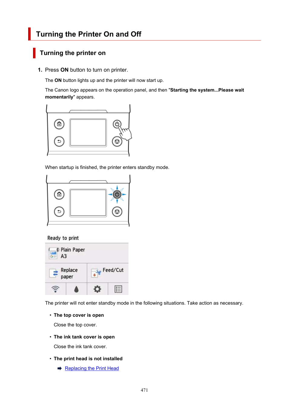 Turning the printer on and off, Make sure printer is turned on, Check that printer is turned on | Turning the printer on | Canon imagePROGRAF TA-20 MFP 24" Large Format Printer with L24ei Scanner and Stand Kit User Manual | Page 471 / 926