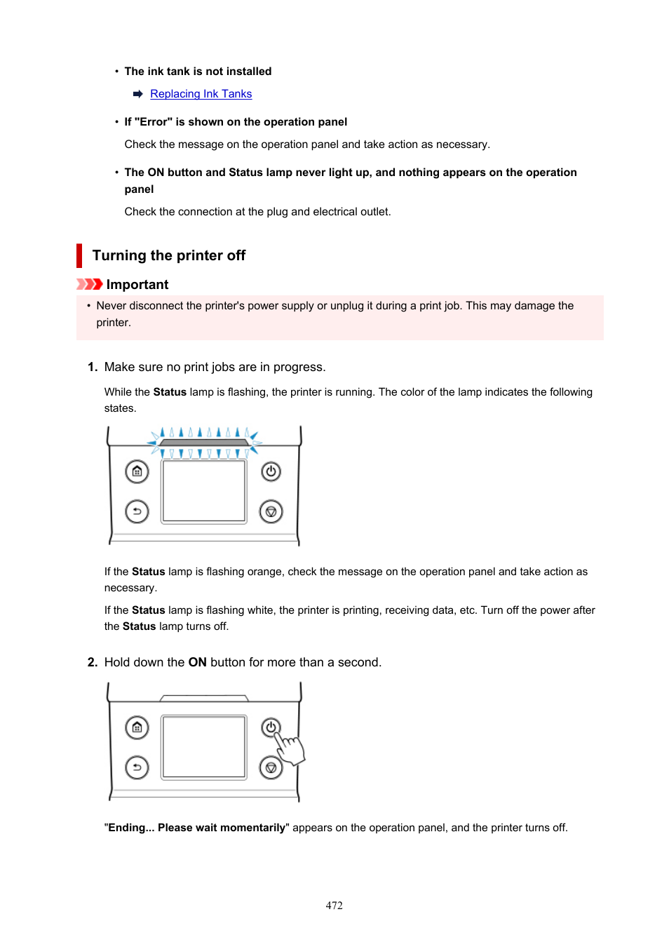 Turning the printer off | Canon imagePROGRAF TA-20 MFP 24" Large Format Printer with L24ei Scanner and Stand Kit User Manual | Page 472 / 926