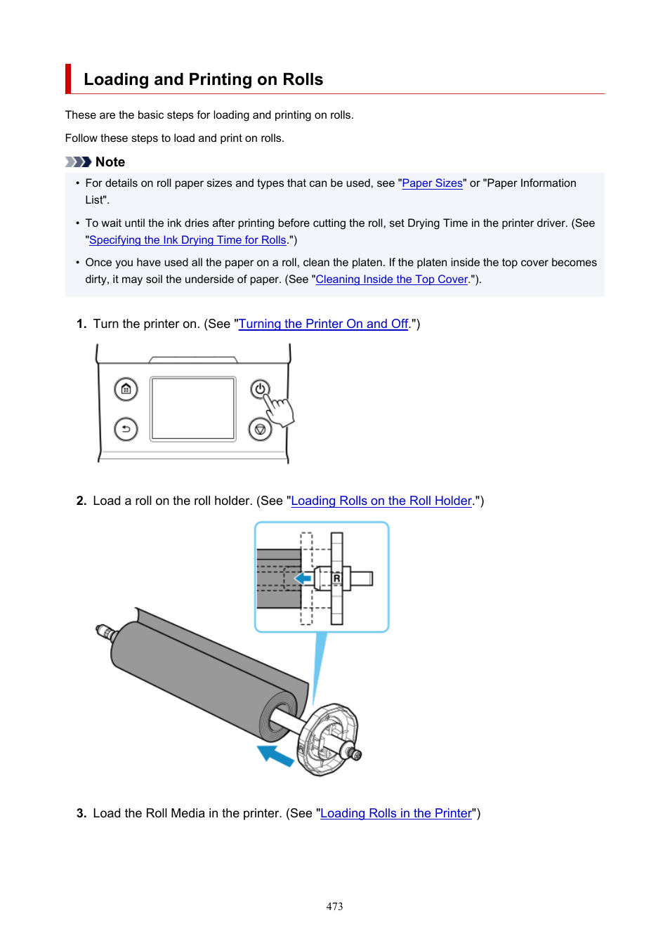 Loading and printing on rolls | Canon imagePROGRAF TA-20 MFP 24" Large Format Printer with L24ei Scanner and Stand Kit User Manual | Page 473 / 926