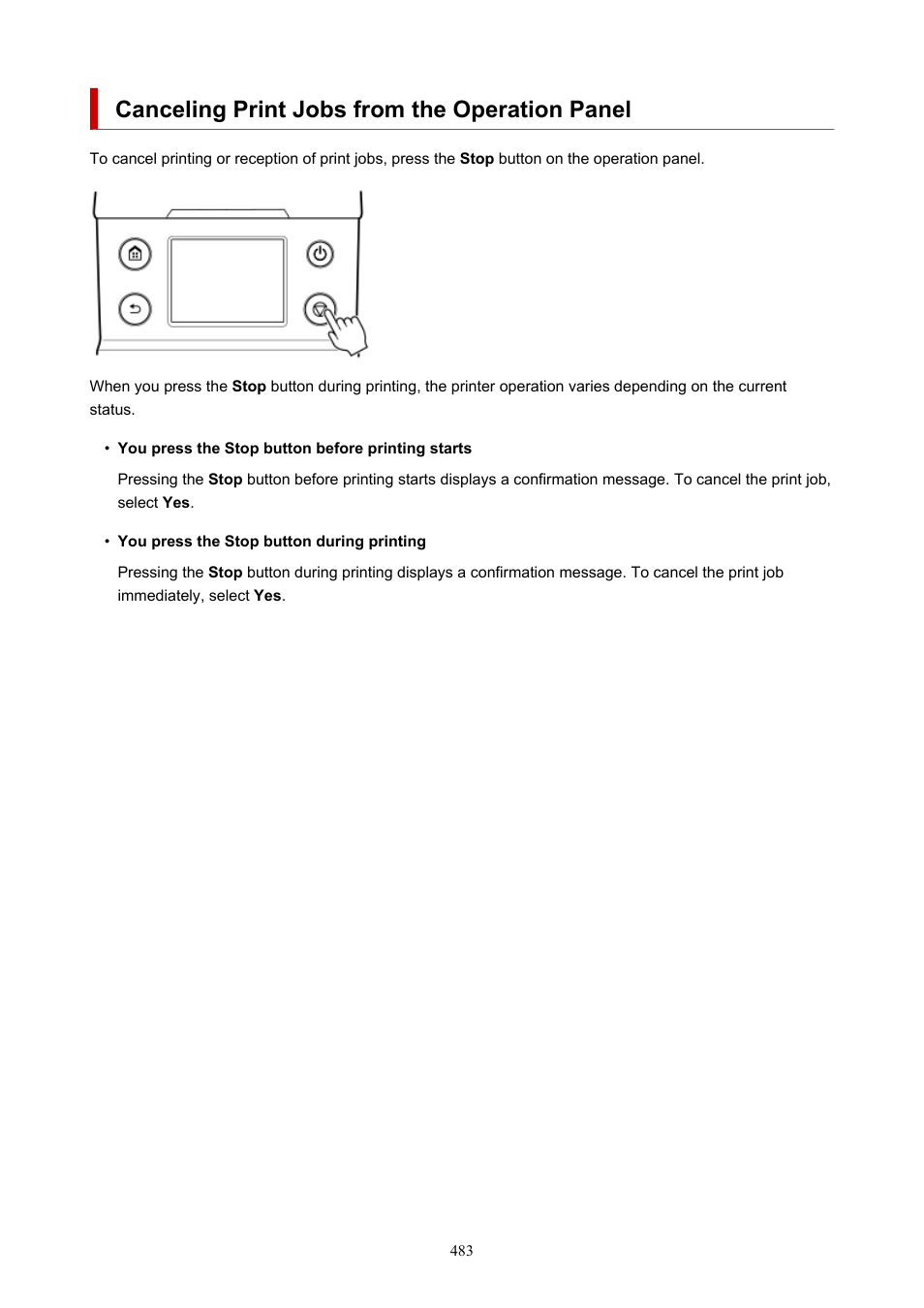 Canceling print jobs from the operation panel | Canon imagePROGRAF TA-20 MFP 24" Large Format Printer with L24ei Scanner and Stand Kit User Manual | Page 483 / 926