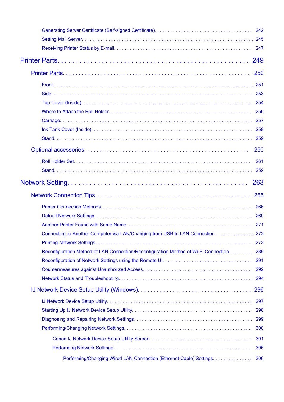 Printer parts, Network setting | Canon imagePROGRAF TA-20 MFP 24" Large Format Printer with L24ei Scanner and Stand Kit User Manual | Page 5 / 926