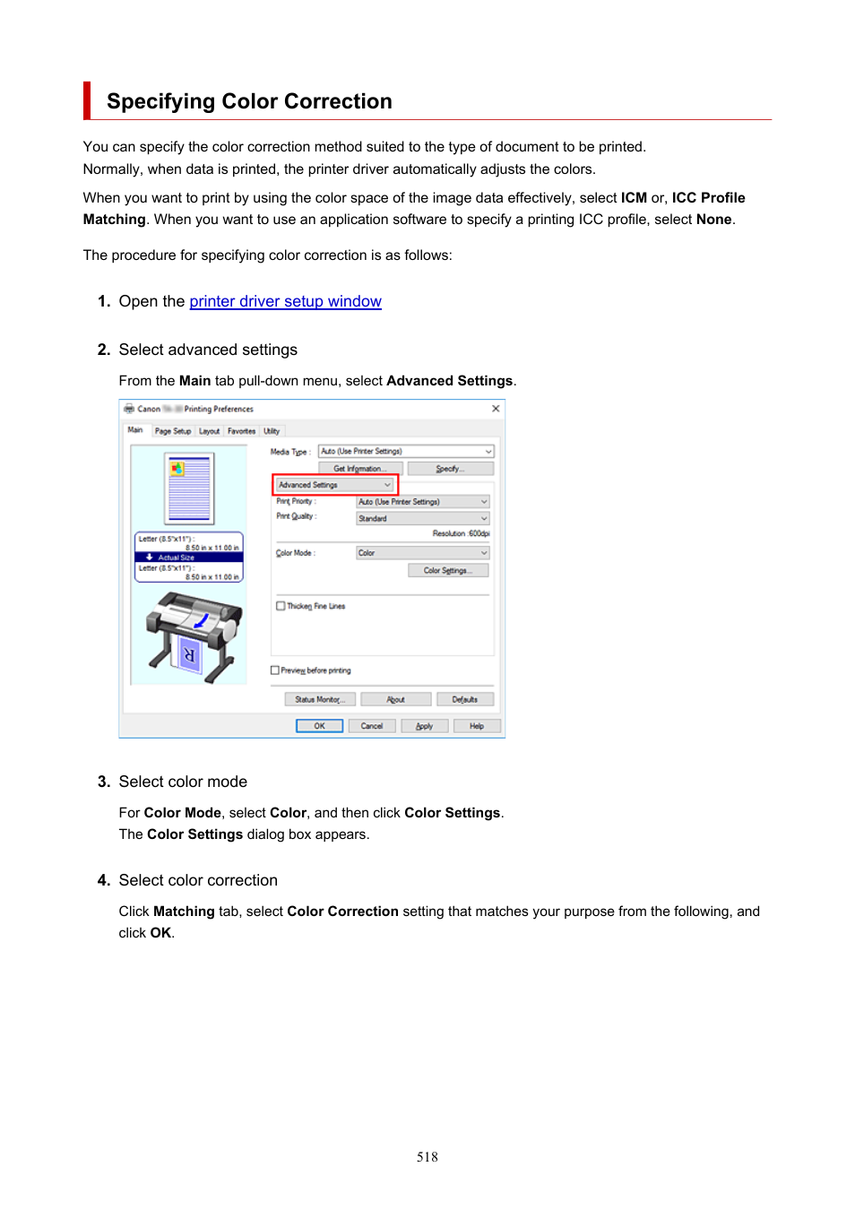 Specifying color correction | Canon imagePROGRAF TA-20 MFP 24" Large Format Printer with L24ei Scanner and Stand Kit User Manual | Page 518 / 926