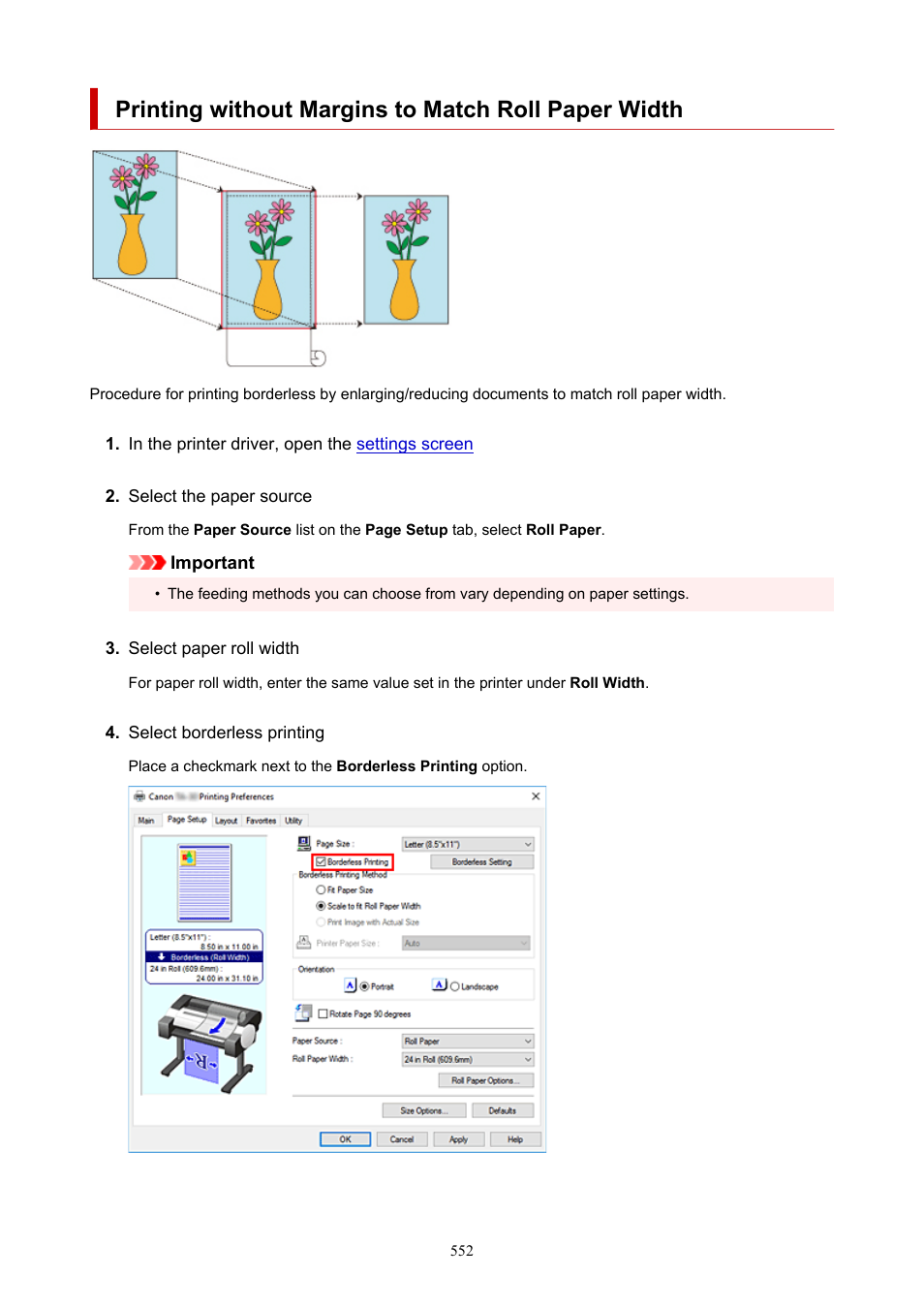 Printing without margins to match roll paper width | Canon imagePROGRAF TA-20 MFP 24" Large Format Printer with L24ei Scanner and Stand Kit User Manual | Page 552 / 926