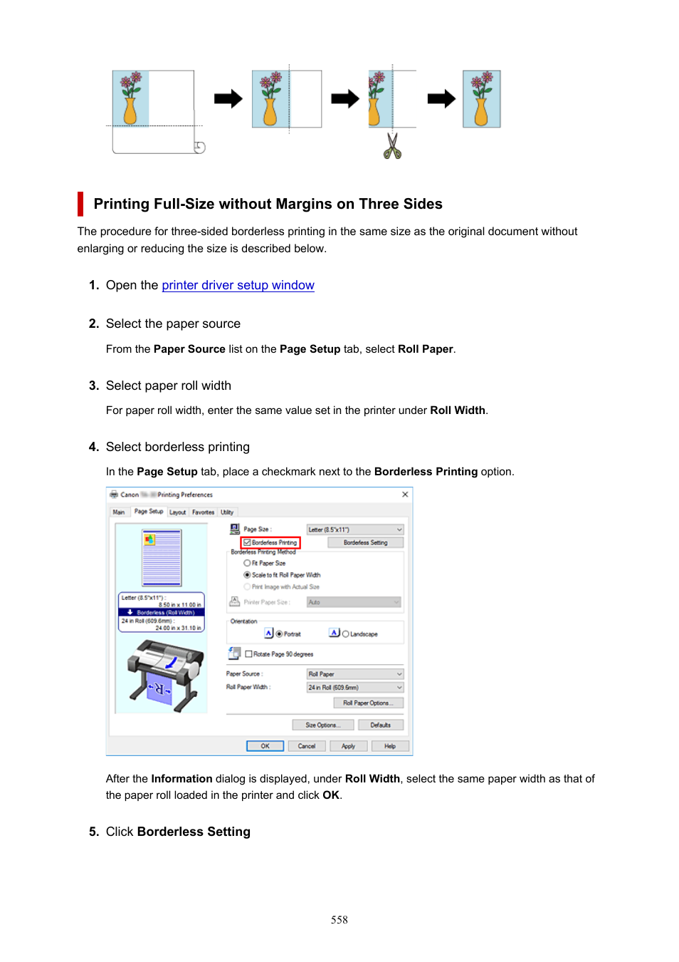 Printing full-size without margins on three sides | Canon imagePROGRAF TA-20 MFP 24" Large Format Printer with L24ei Scanner and Stand Kit User Manual | Page 558 / 926