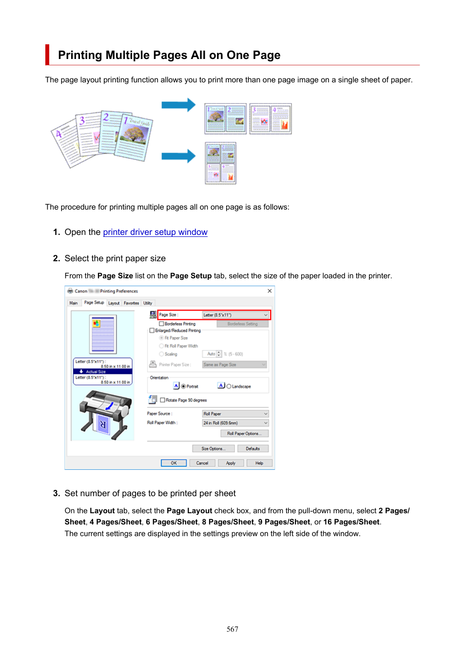 Printing multiple pages all on one page | Canon imagePROGRAF TA-20 MFP 24" Large Format Printer with L24ei Scanner and Stand Kit User Manual | Page 567 / 926