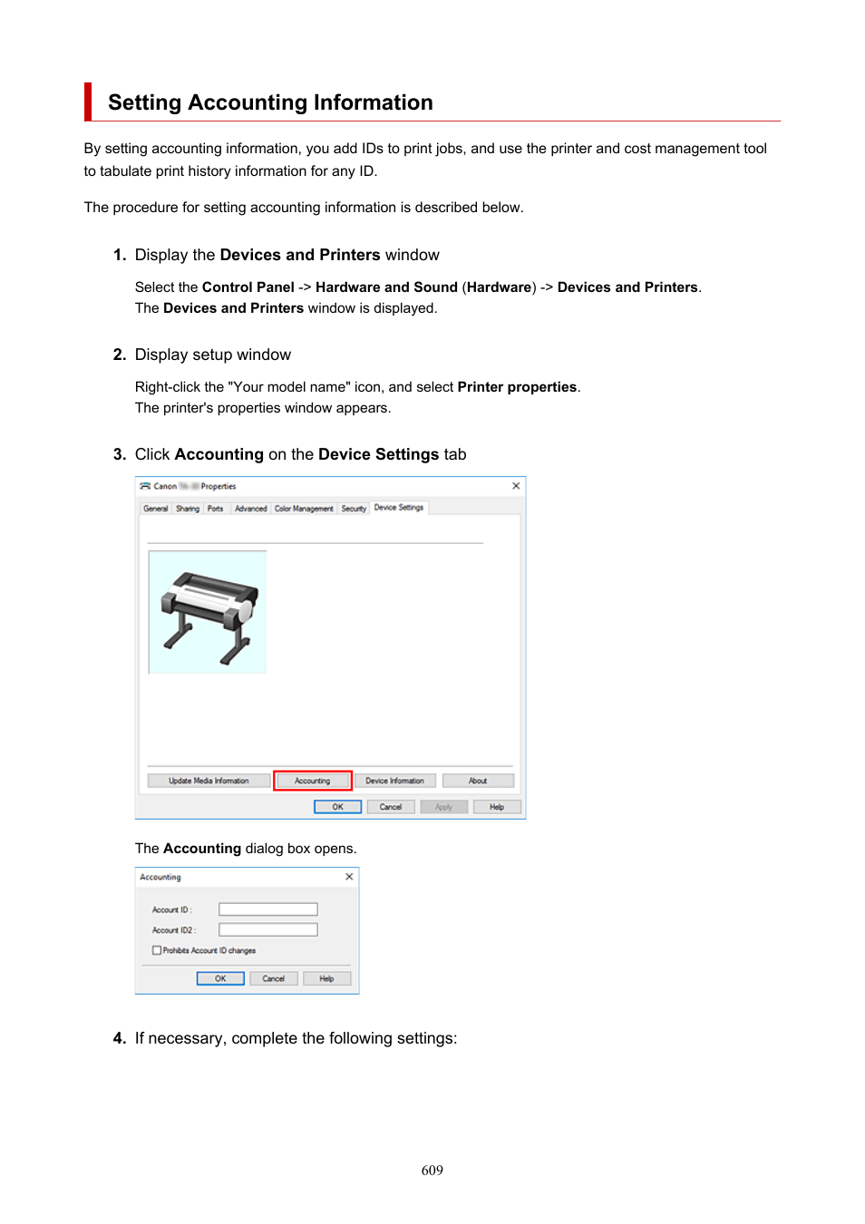 Setting accounting information | Canon imagePROGRAF TA-20 MFP 24" Large Format Printer with L24ei Scanner and Stand Kit User Manual | Page 609 / 926