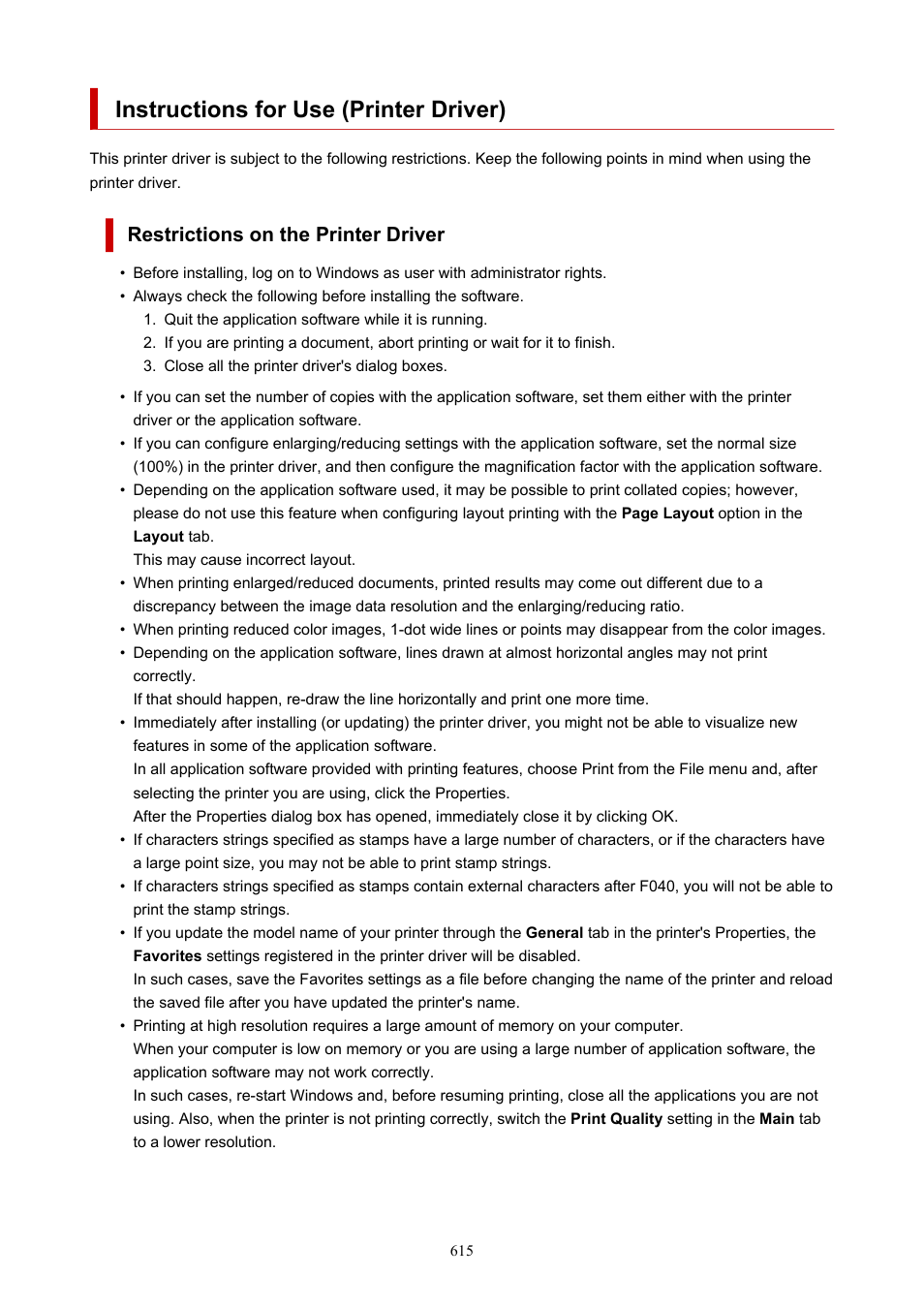 Instructions for use (printer driver), Restrictions on the printer driver | Canon imagePROGRAF TA-20 MFP 24" Large Format Printer with L24ei Scanner and Stand Kit User Manual | Page 615 / 926