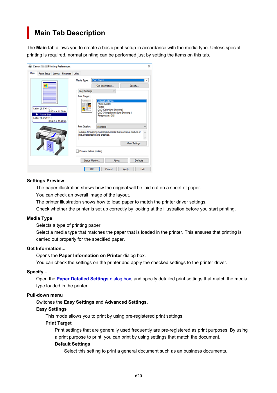 Main tab description | Canon imagePROGRAF TA-20 MFP 24" Large Format Printer with L24ei Scanner and Stand Kit User Manual | Page 620 / 926