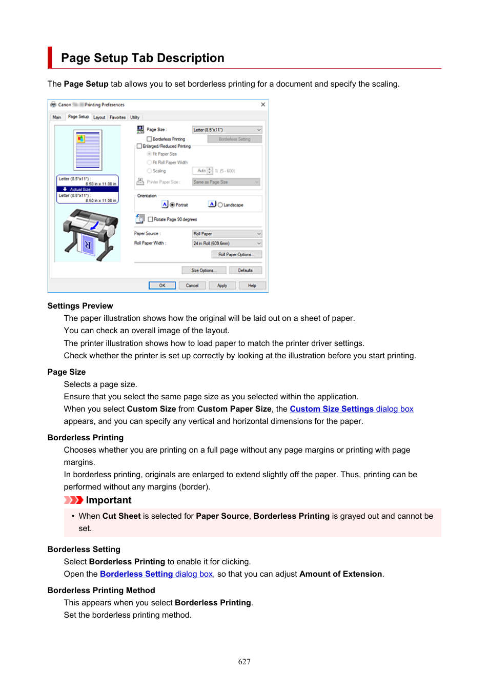 Page setup tab description | Canon imagePROGRAF TA-20 MFP 24" Large Format Printer with L24ei Scanner and Stand Kit User Manual | Page 627 / 926