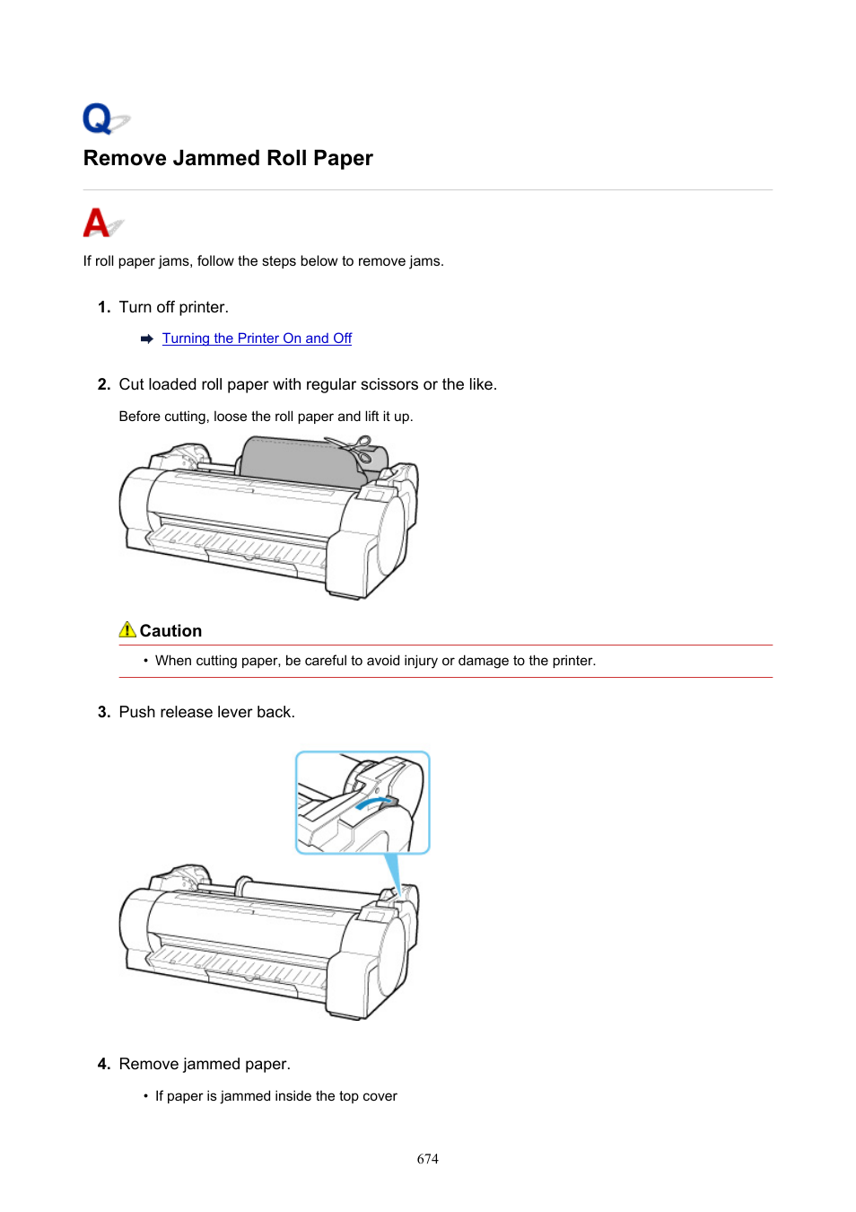 Remove jammed roll paper | Canon imagePROGRAF TA-20 MFP 24" Large Format Printer with L24ei Scanner and Stand Kit User Manual | Page 674 / 926