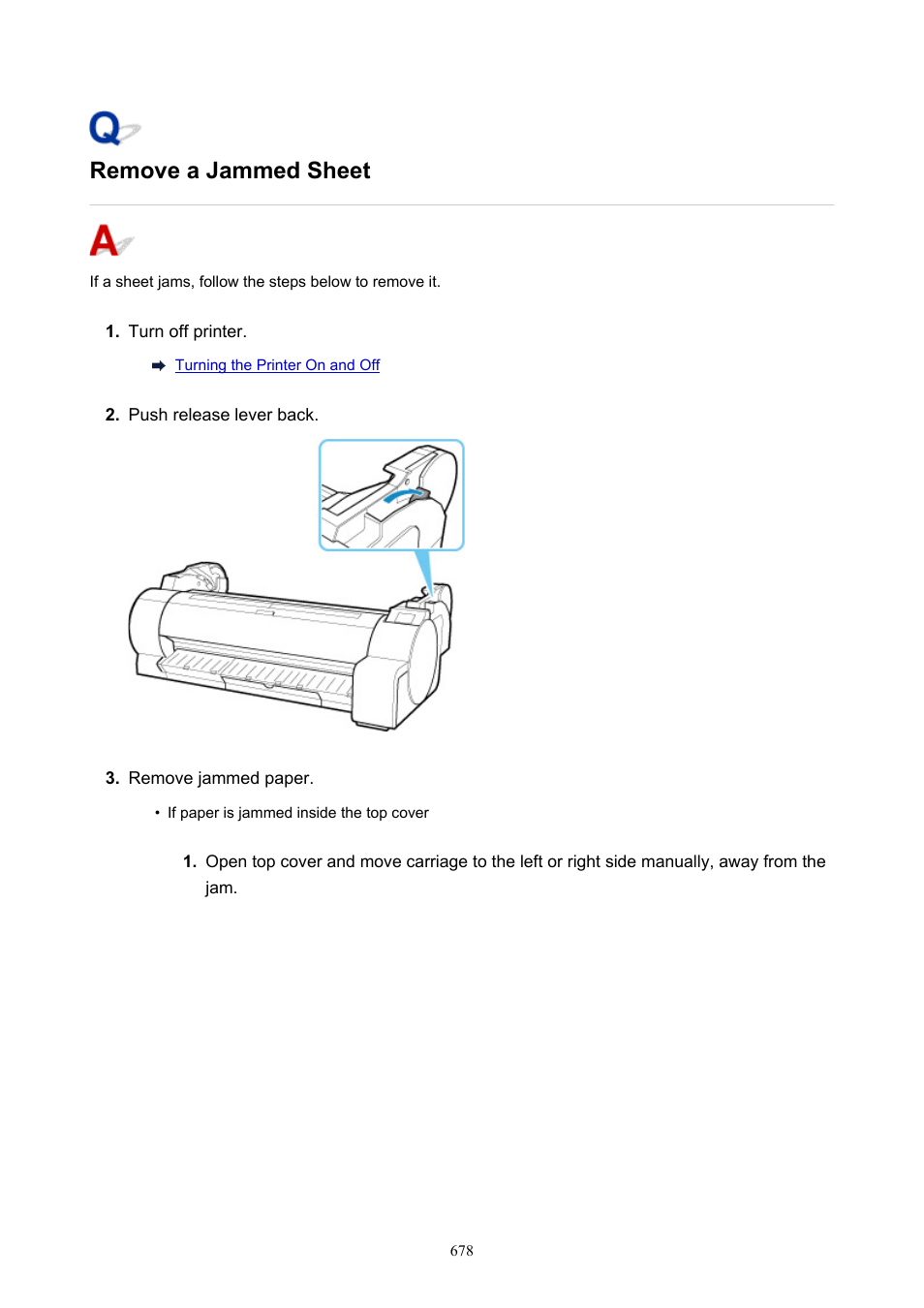 Remove a jammed sheet | Canon imagePROGRAF TA-20 MFP 24" Large Format Printer with L24ei Scanner and Stand Kit User Manual | Page 678 / 926