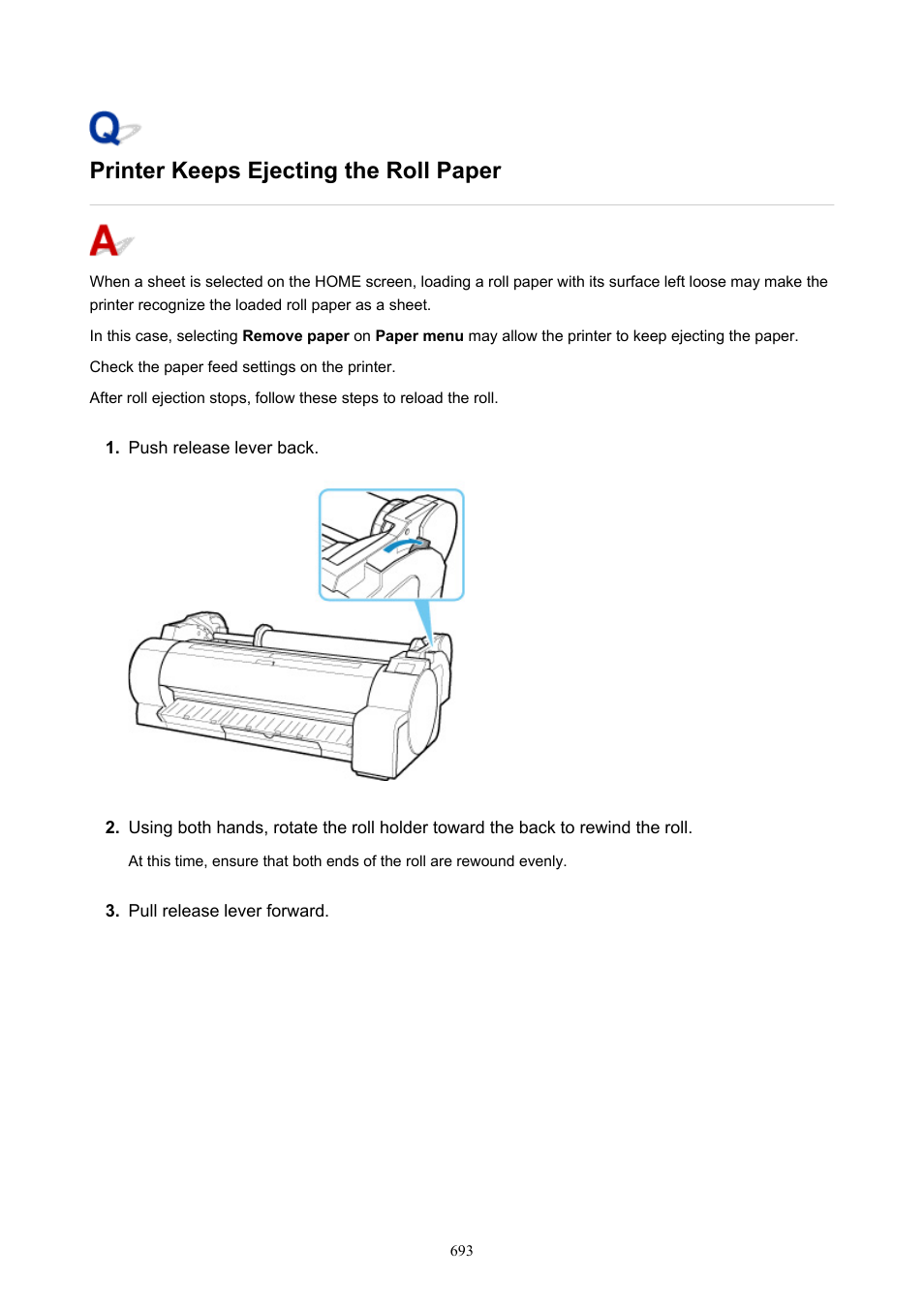 Printer keeps ejecting the roll paper | Canon imagePROGRAF TA-20 MFP 24" Large Format Printer with L24ei Scanner and Stand Kit User Manual | Page 693 / 926