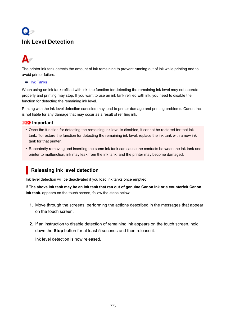 Ink level detection | Canon imagePROGRAF TA-20 MFP 24" Large Format Printer with L24ei Scanner and Stand Kit User Manual | Page 773 / 926