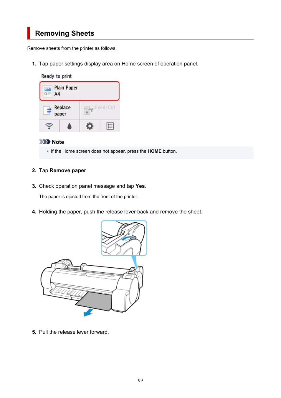 Removing sheets | Canon imagePROGRAF TA-20 MFP 24" Large Format Printer with L24ei Scanner and Stand Kit User Manual | Page 99 / 926