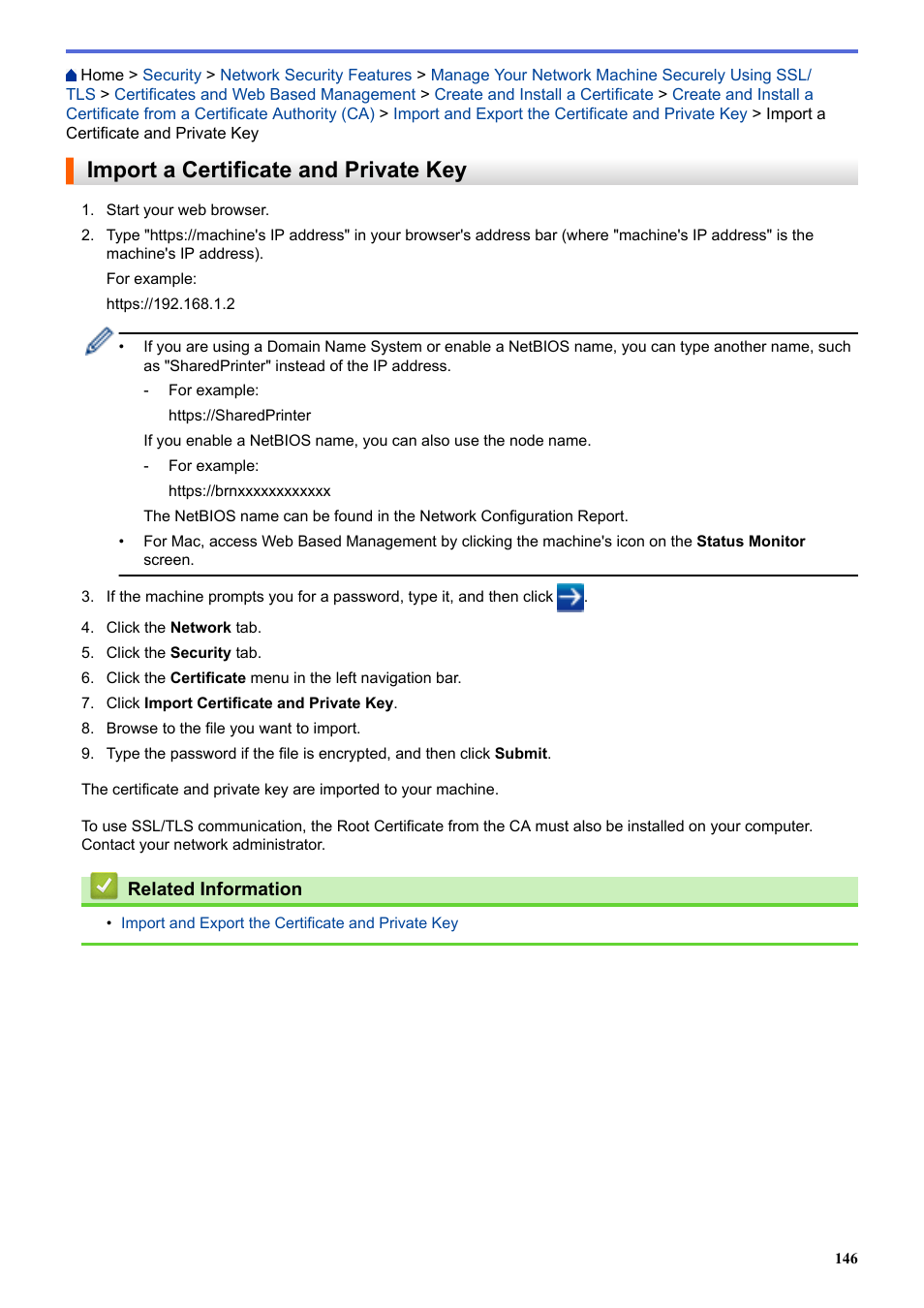 Import a certificate and private key | Brother HL-L3230CDW Wireless Compact Printer User Manual | Page 151 / 357