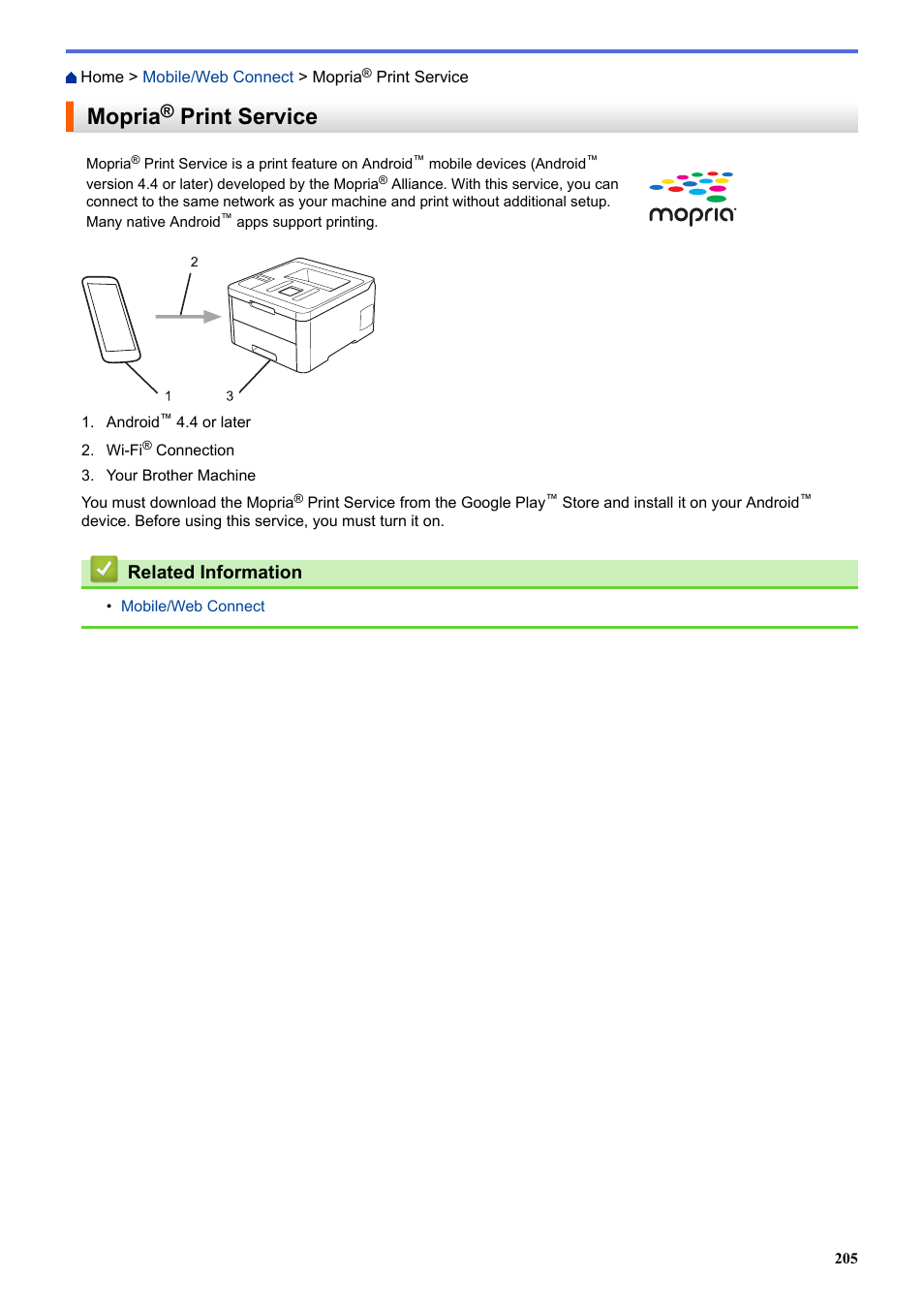 Mopria® print service, Mopria, Print service | Related information | Brother HL-L3230CDW Wireless Compact Printer User Manual | Page 210 / 357
