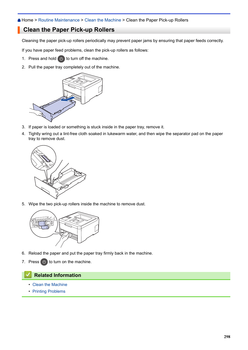 Clean the paper pick-up rollers | Brother HL-L3230CDW Wireless Compact Printer User Manual | Page 303 / 357