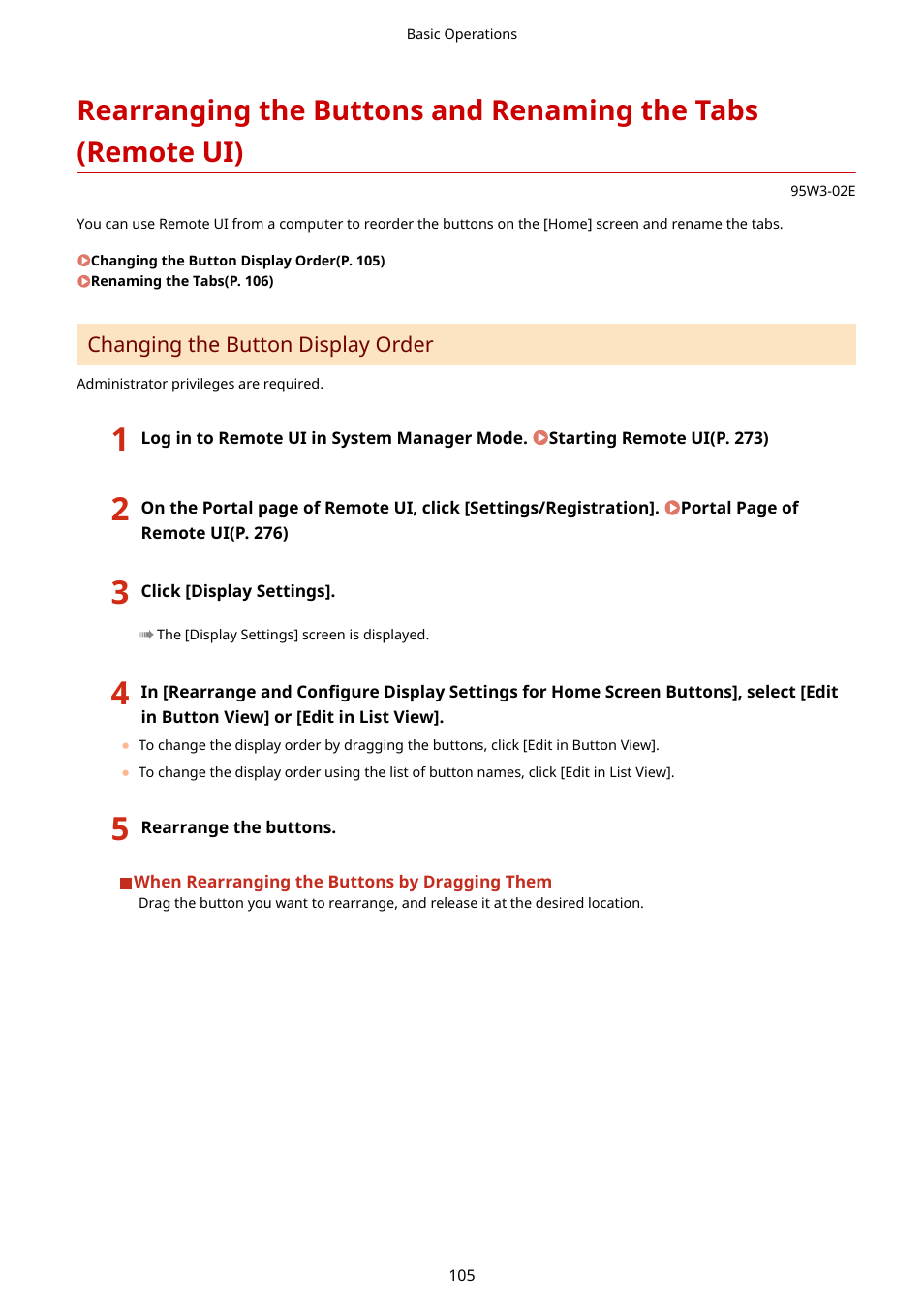 Rearranging the buttons and renaming the tabs, Remote ui)(p. 105) | Canon imageCLASS LBP674Cdw Wireless Color Laser Printer User Manual | Page 113 / 565