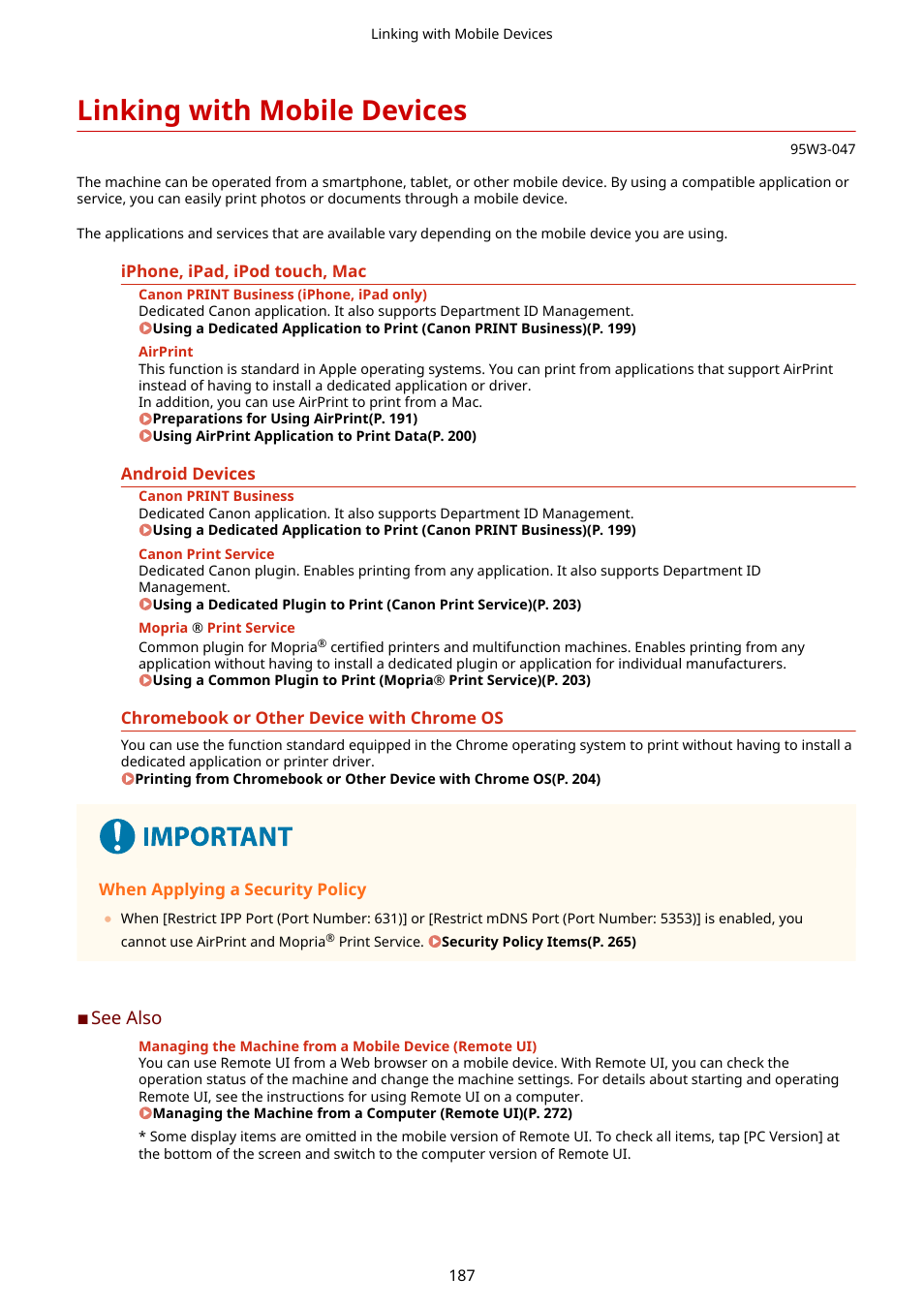 Linking with mobile devices, Linking with mobile devices(p. 187) | Canon imageCLASS LBP674Cdw Wireless Color Laser Printer User Manual | Page 195 / 565