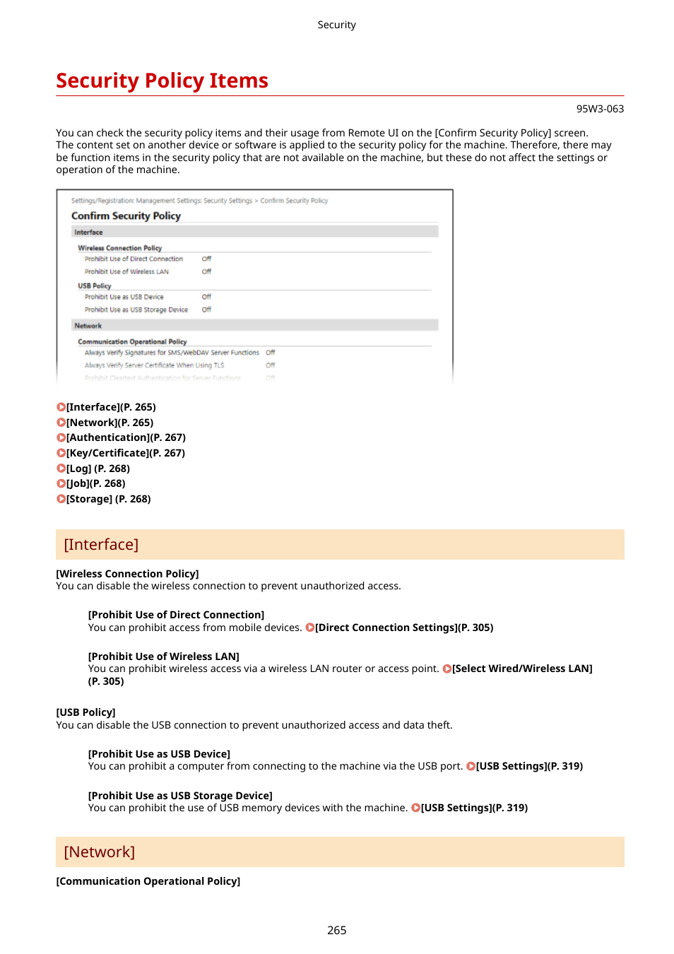 Security policy items, Security policy items(p. 265), Interface | Network | Canon imageCLASS LBP674Cdw Wireless Color Laser Printer User Manual | Page 273 / 565
